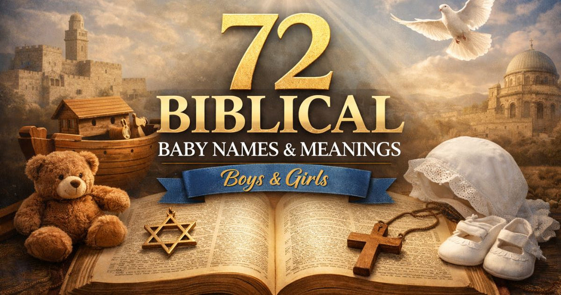 Featured image for 72 biblical baby names and meanings showing an open Bible with baby items and religious symbols for boys and girls.
