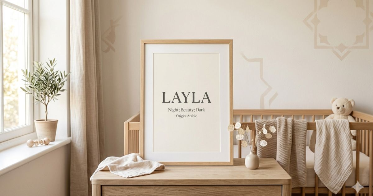 Personalised baby name print Layla with meaning in a neutral nursery setting for Arabic baby names inspiration