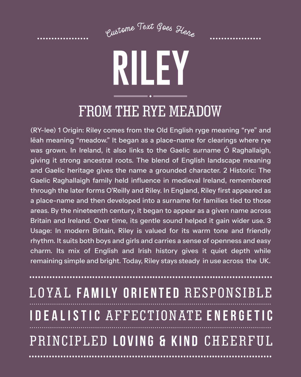 Riley | Personalised Name Meaning Print – Custom Name Art Gift