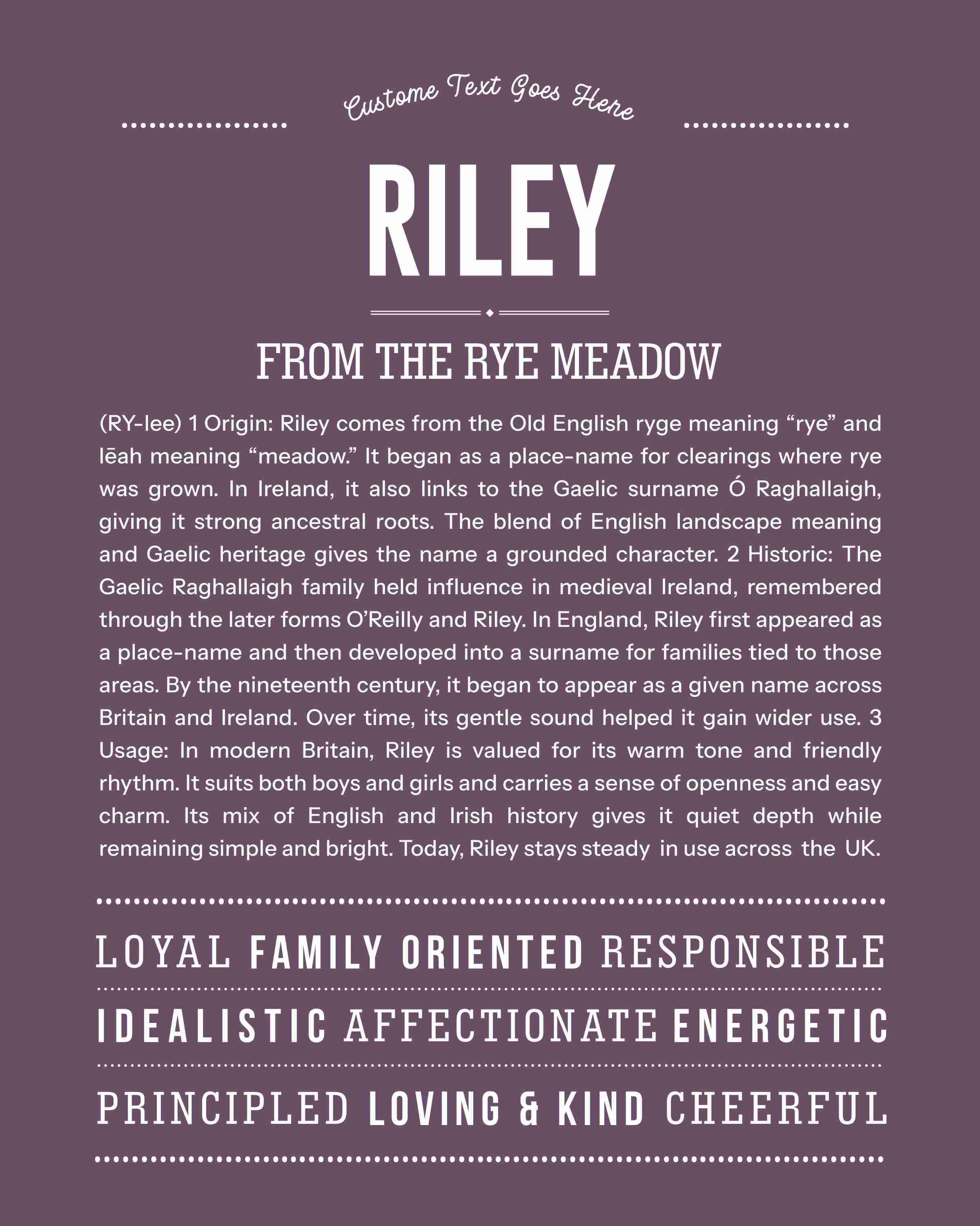 Riley | Personalised Name Meaning Print – Custom Name Art Gift