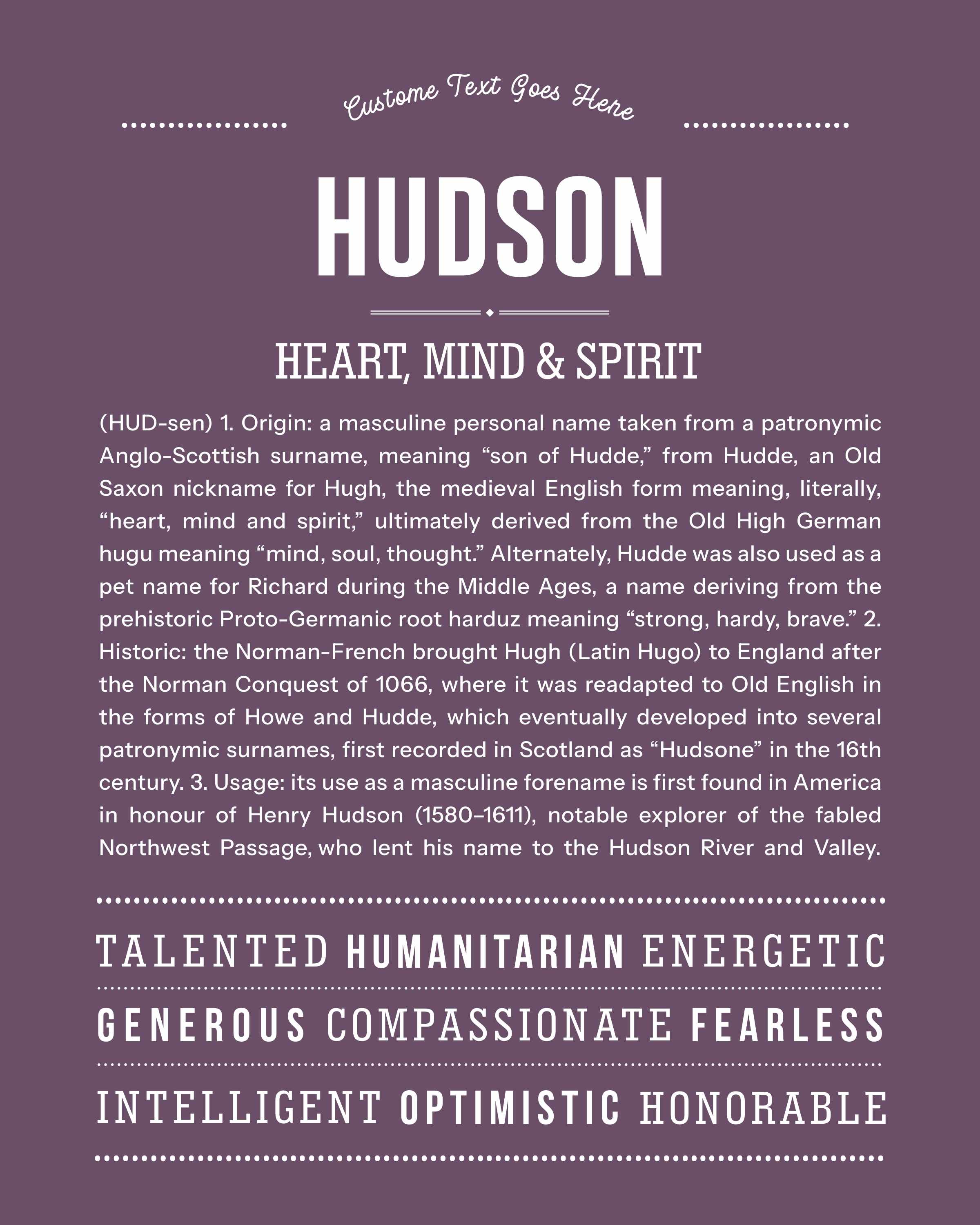 Hudson | Personalised Name Meaning Print – Custom Name Art Gift