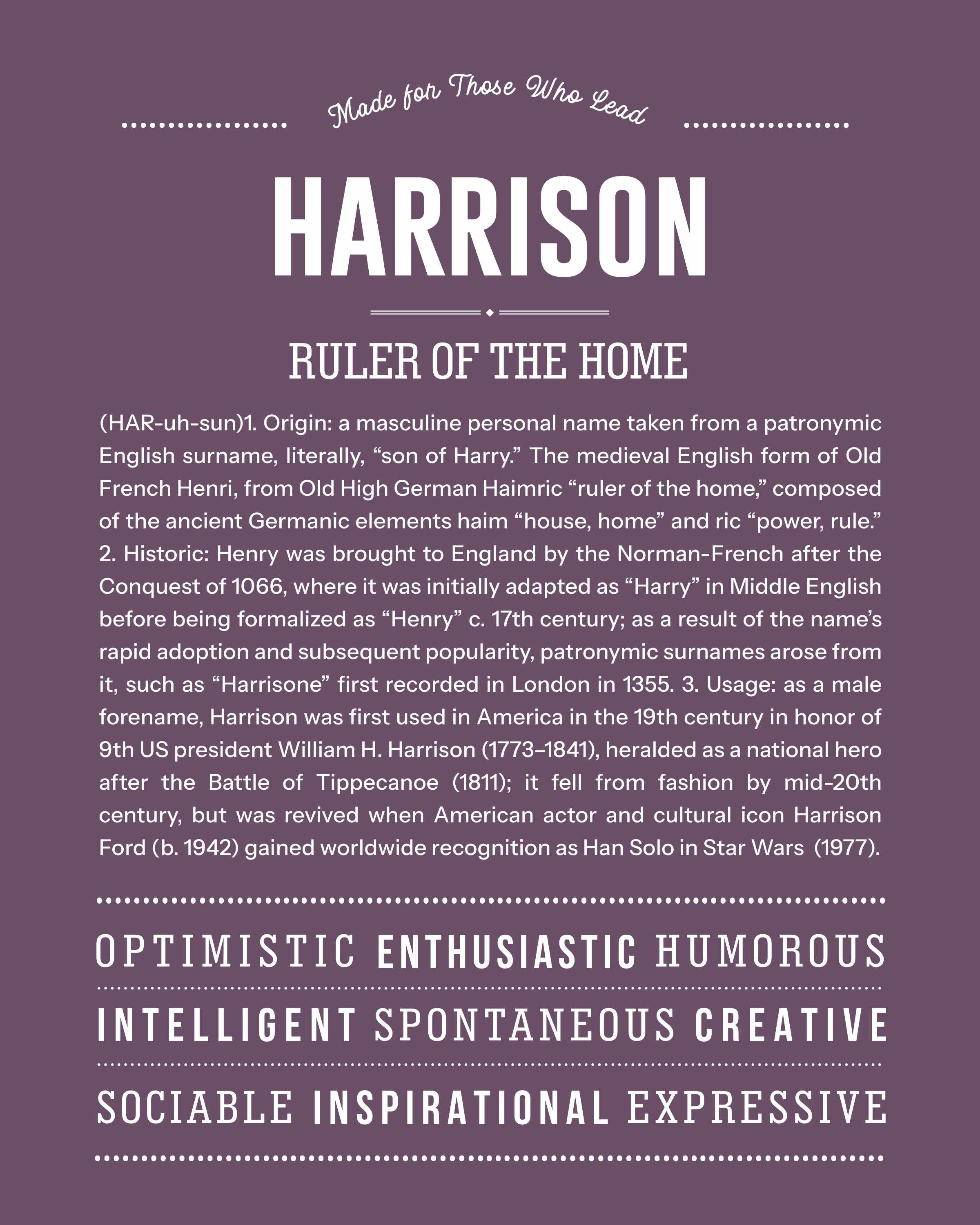 Harrison | Personalised Name Meaning Print – Custom Name Art Gift