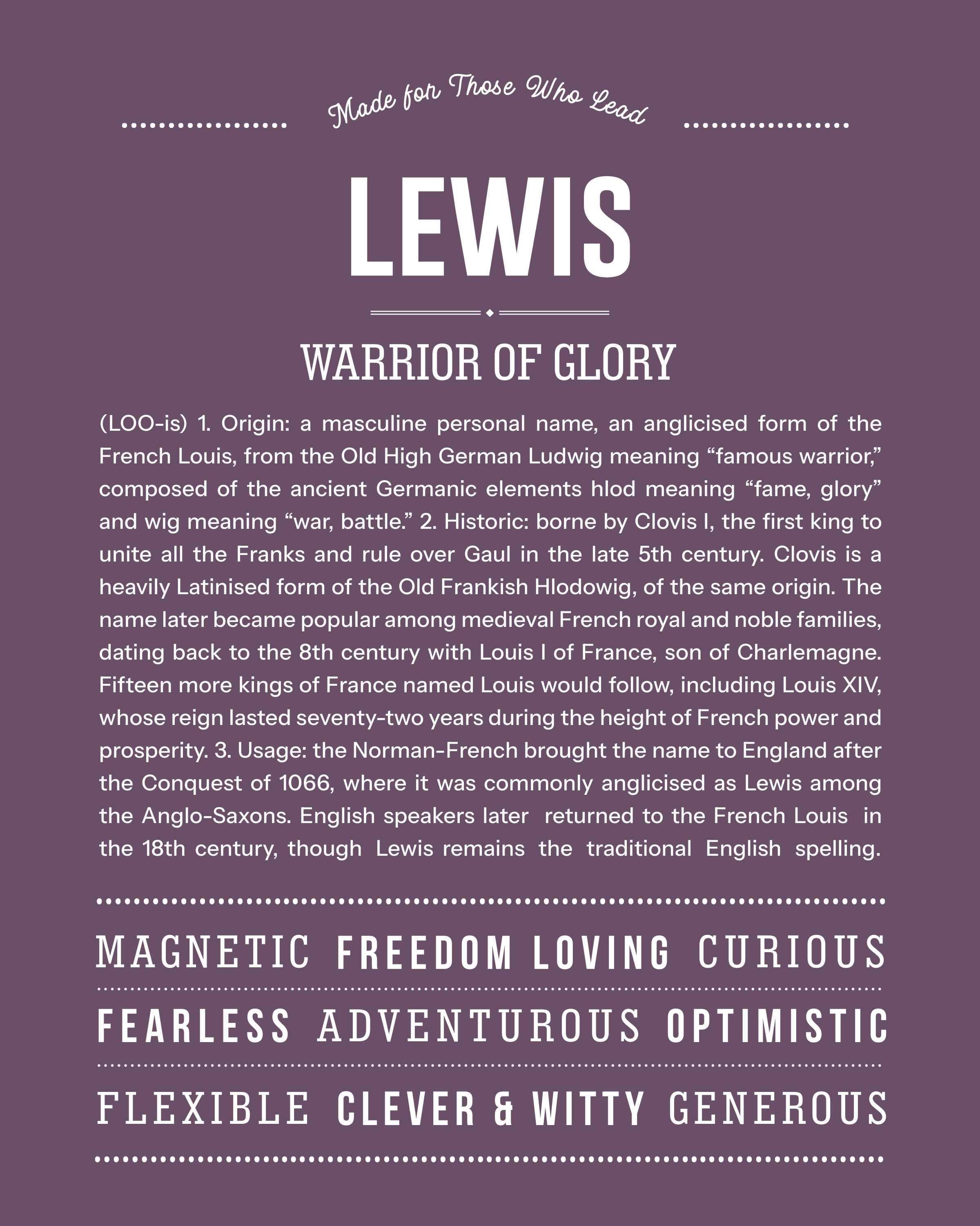 Lewis | Personalised Name Meaning Print – Custom Name Art Gift
