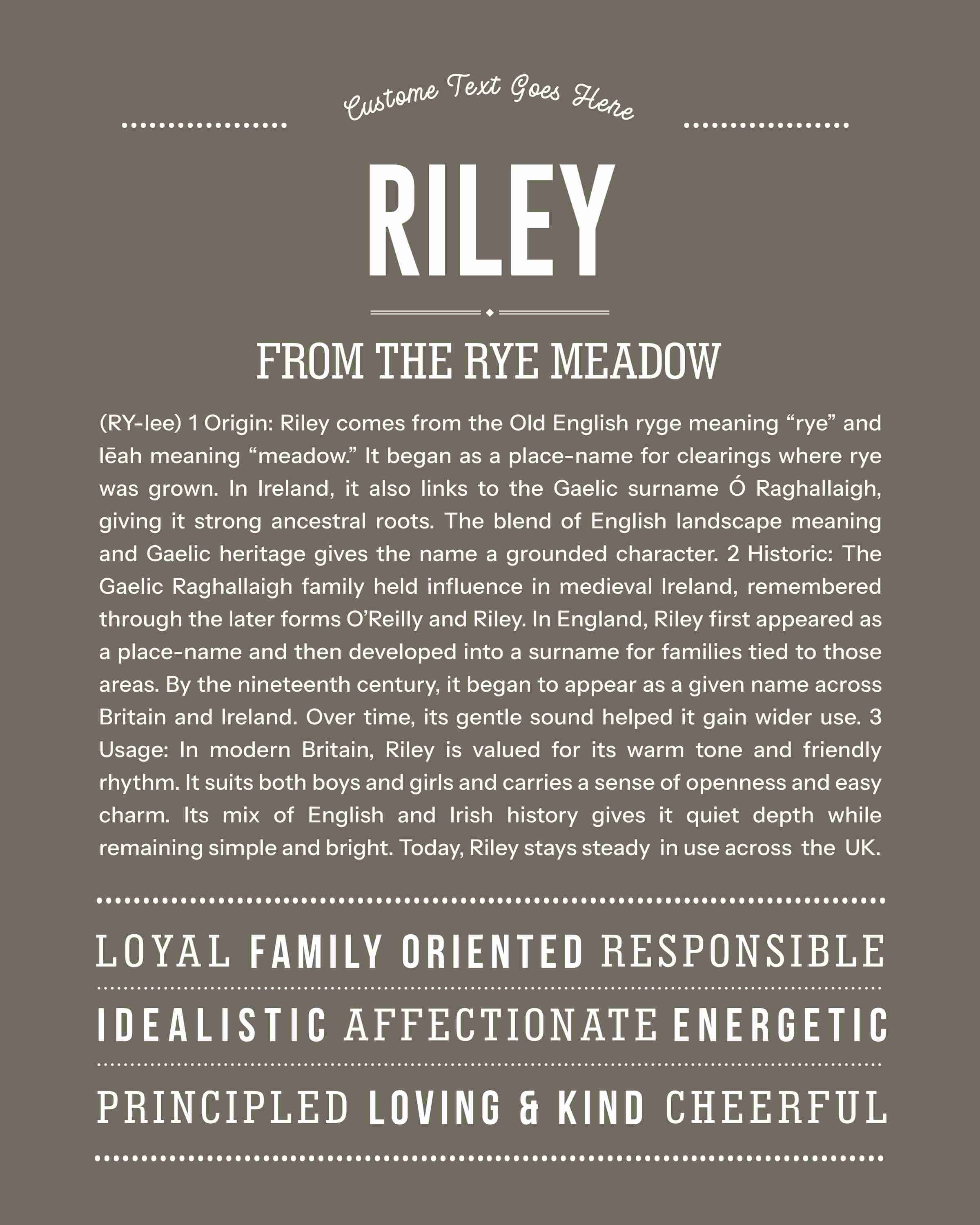 Riley | Personalised Name Meaning Print – Custom Name Art Gift