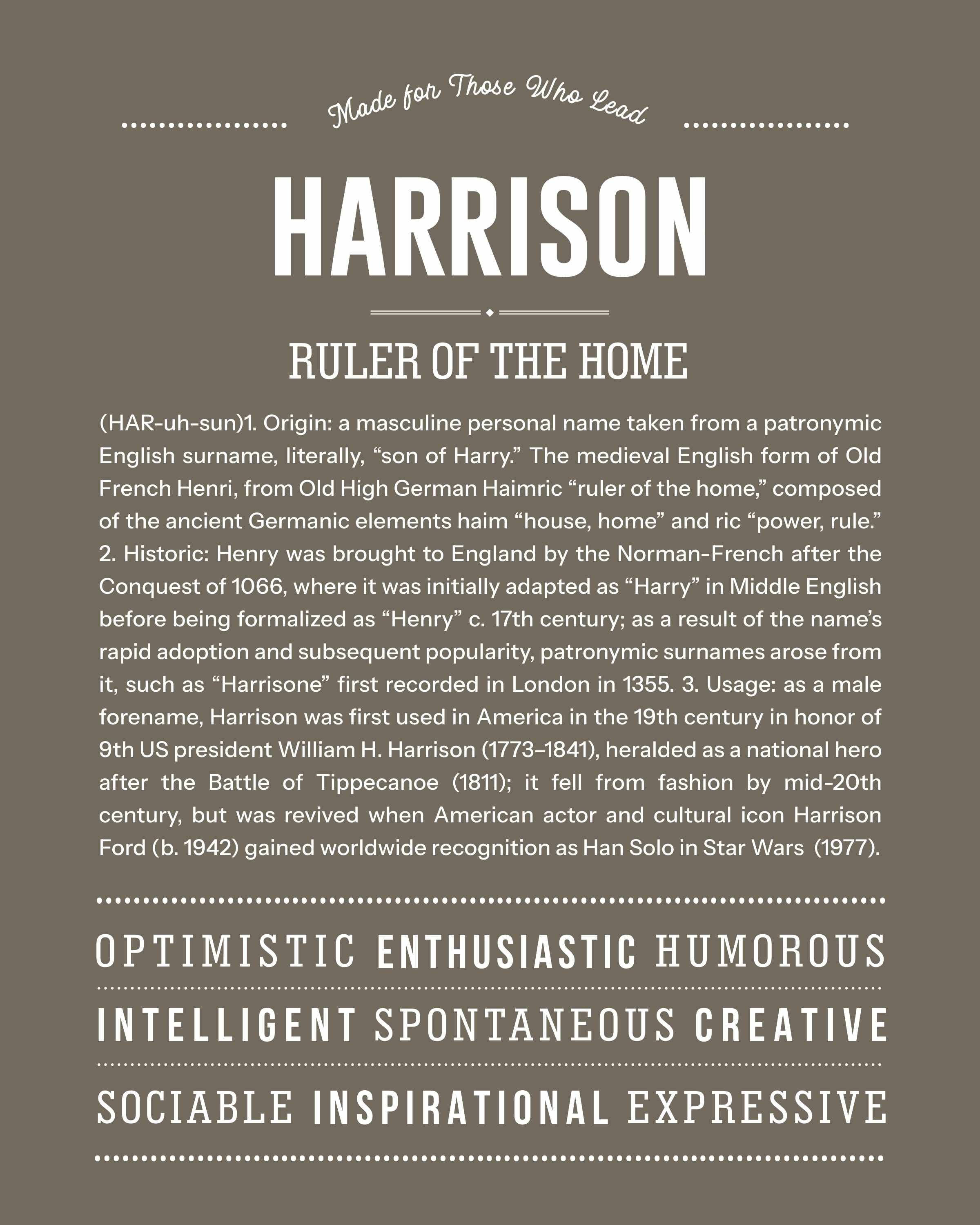 Harrison | Personalised Name Meaning Print – Custom Name Art Gift
