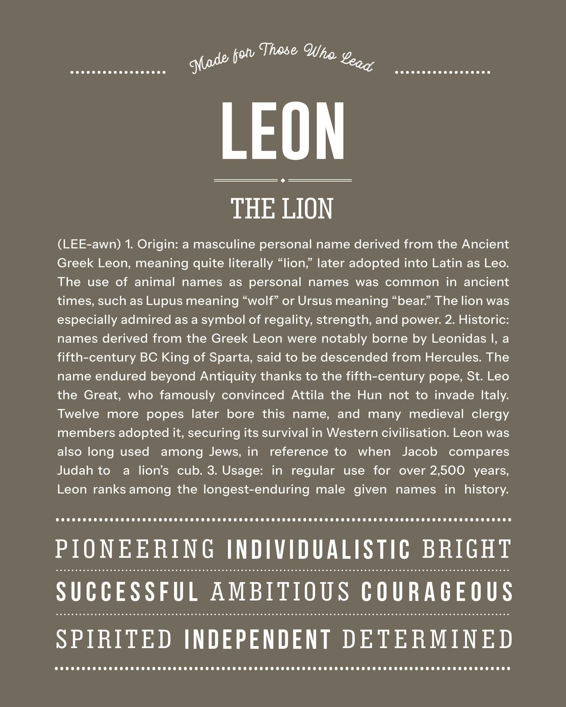 Leon | Personalised Name Meaning Print – Custom Name Art Gift