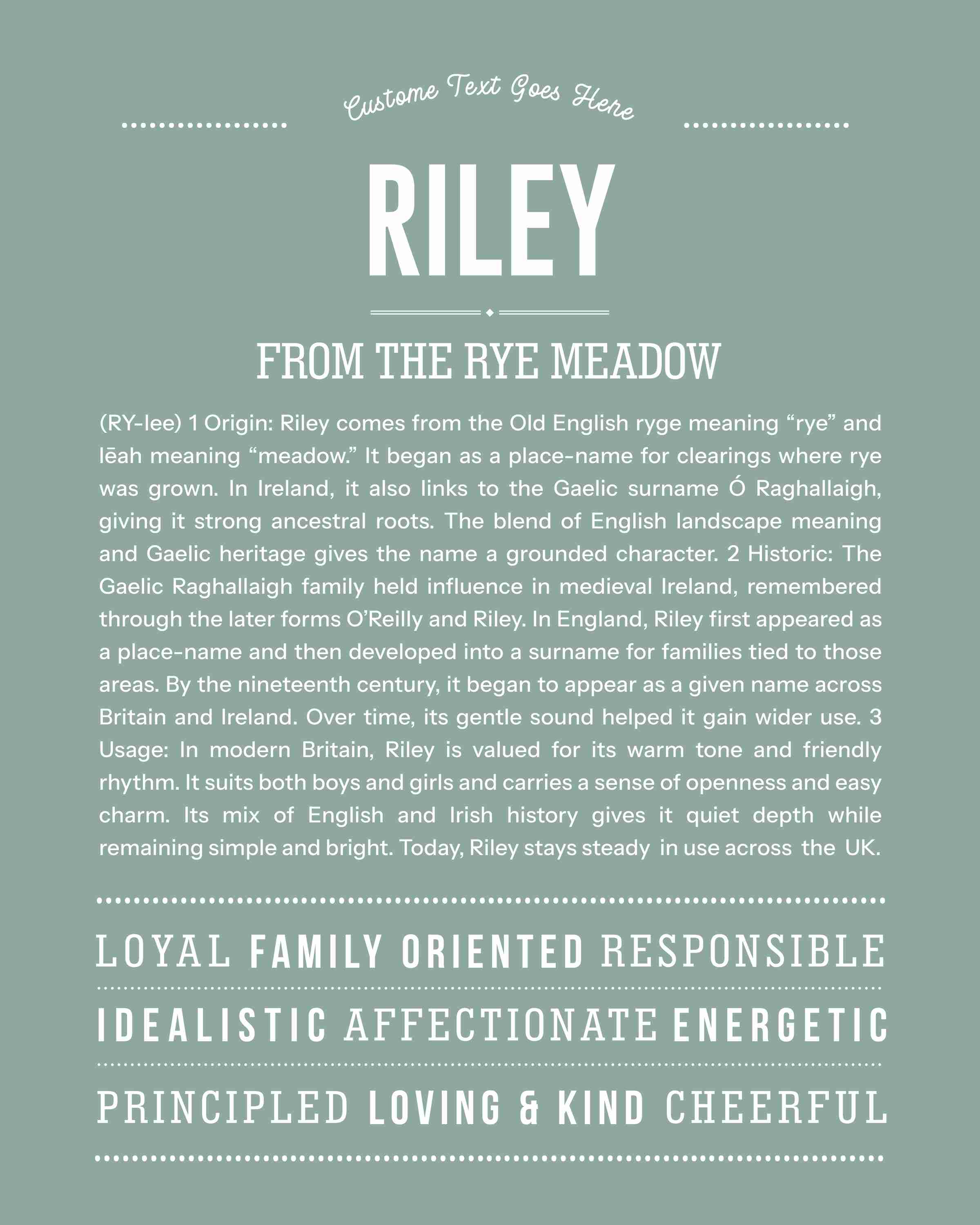 Riley | Personalised Name Meaning Print – Custom Name Art Gift