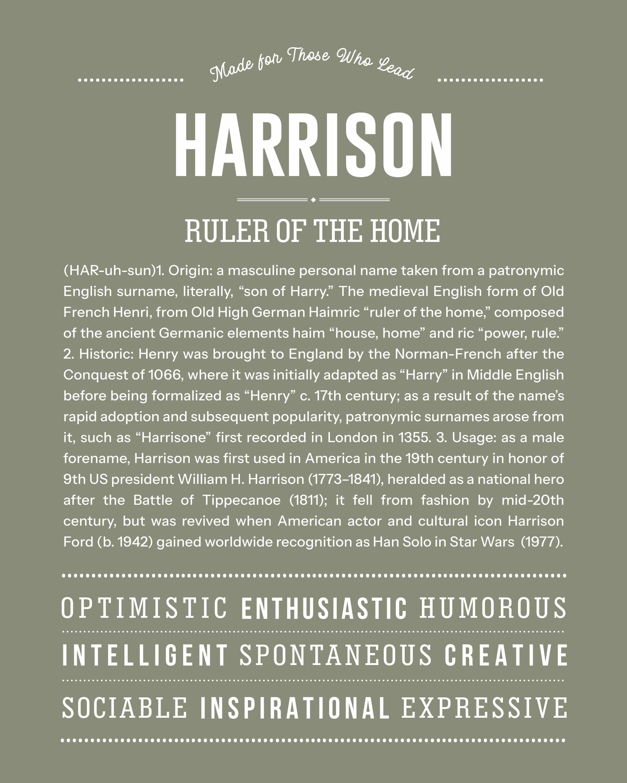 Harrison | Personalised Name Meaning Print – Custom Name Art Gift