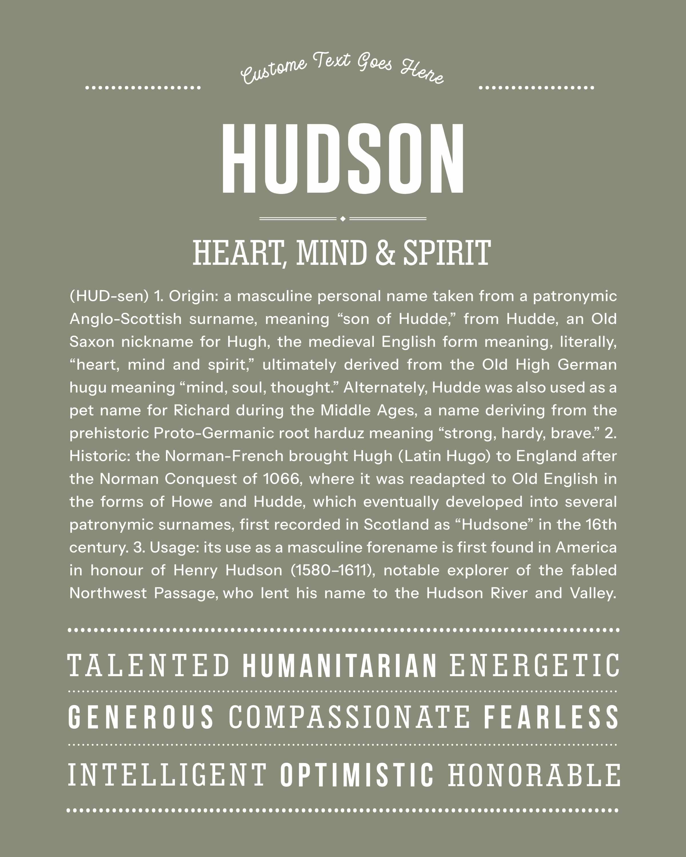 Hudson | Personalised Name Meaning Print – Custom Name Art Gift
