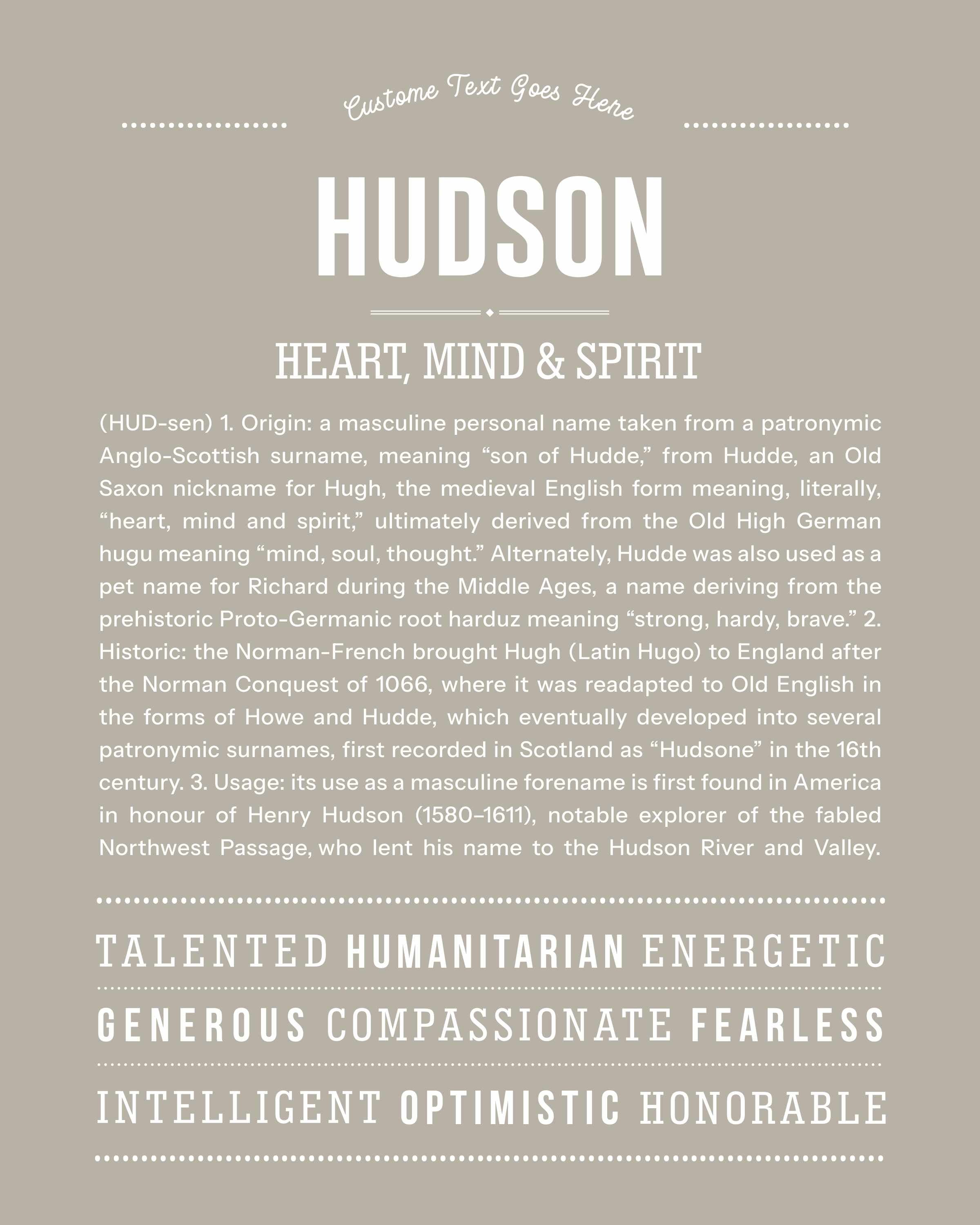Hudson | Personalised Name Meaning Print – Custom Name Art Gift