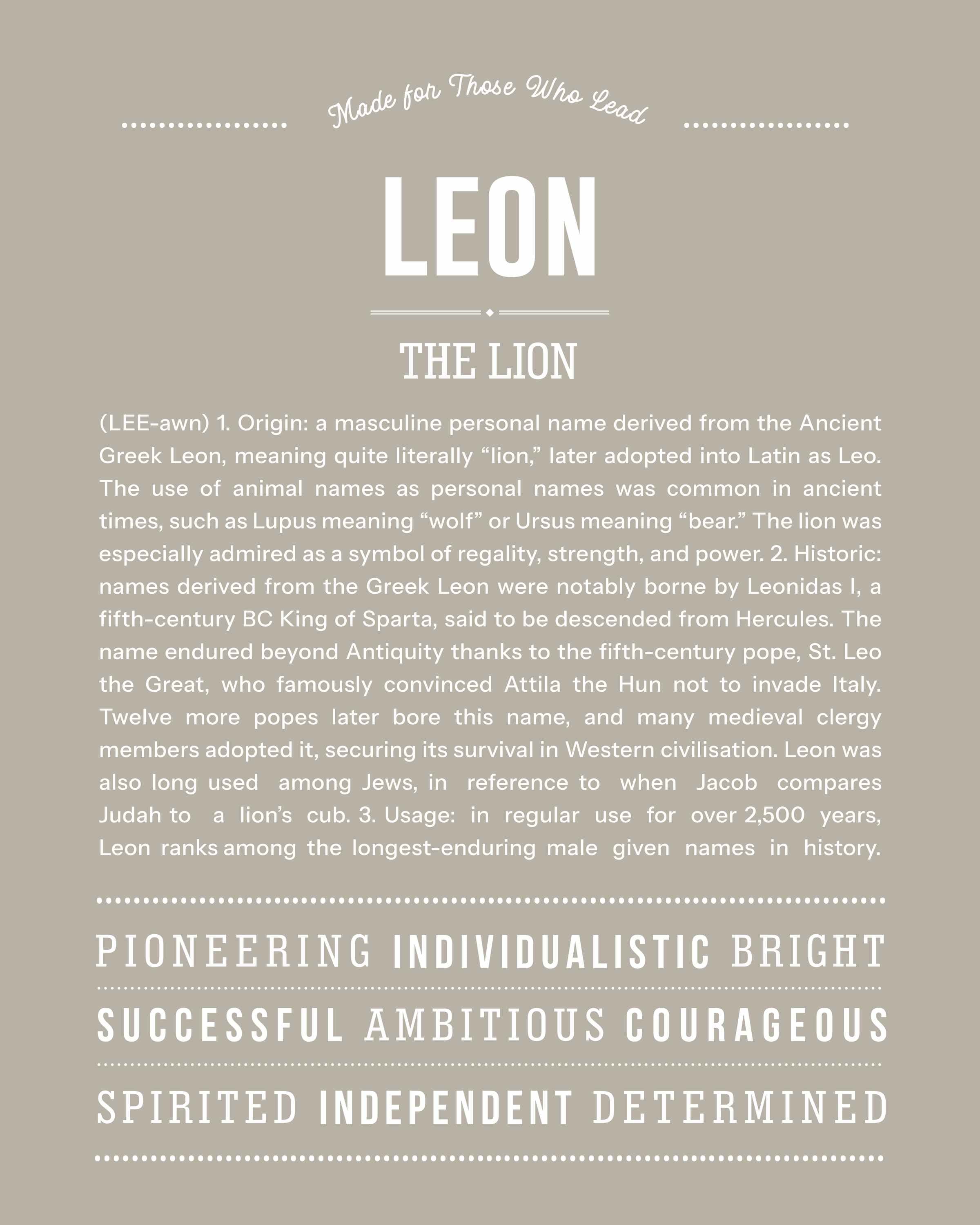 Leon | Personalised Name Meaning Print – Custom Name Art Gift
