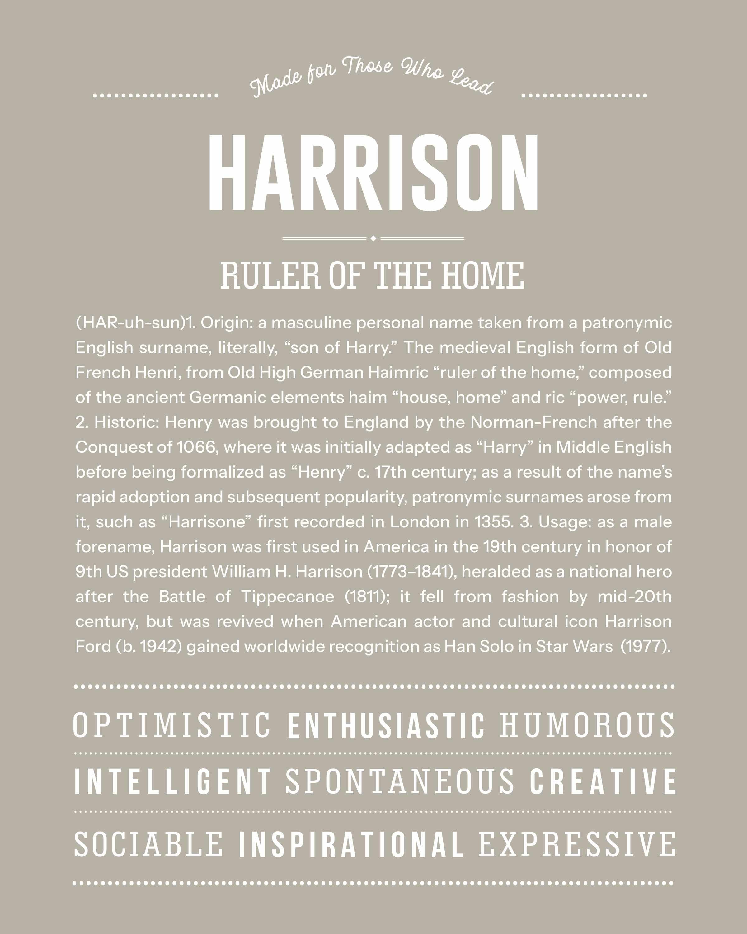 Harrison | Personalised Name Meaning Print – Custom Name Art Gift