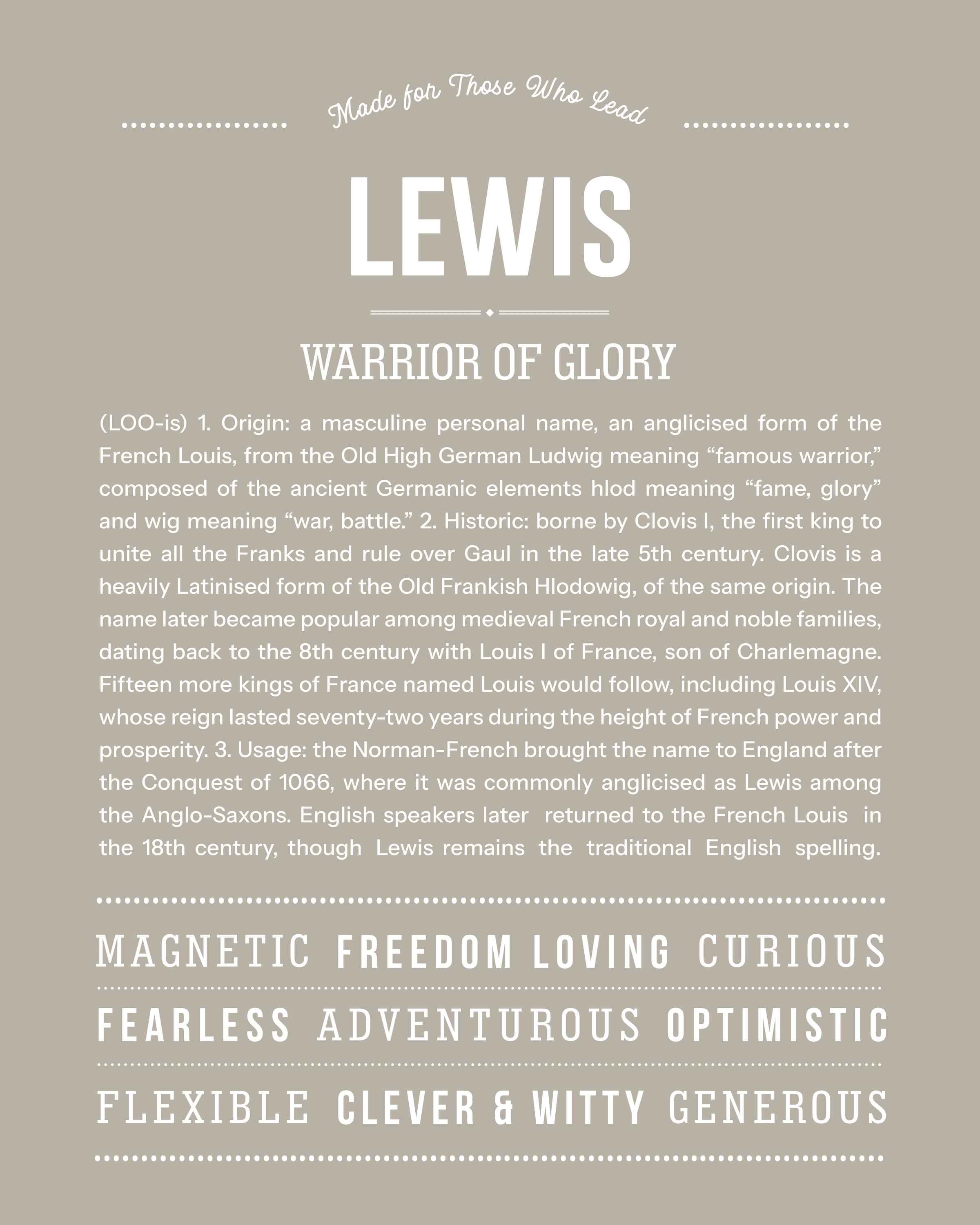 Lewis | Personalised Name Meaning Print – Custom Name Art Gift