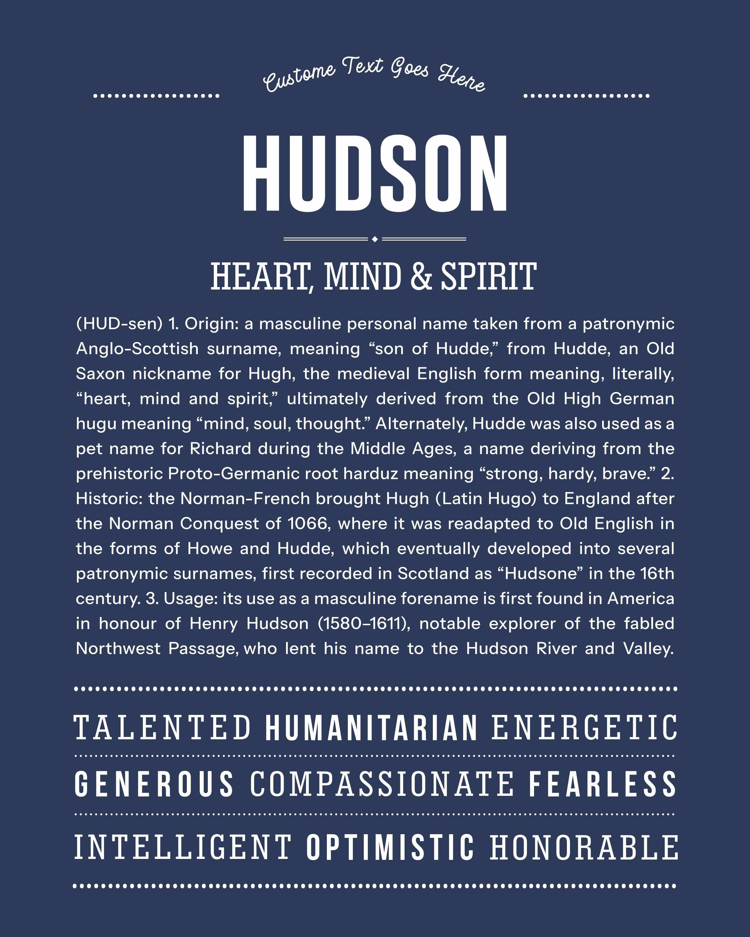 Hudson | Personalised Name Meaning Print – Custom Name Art Gift