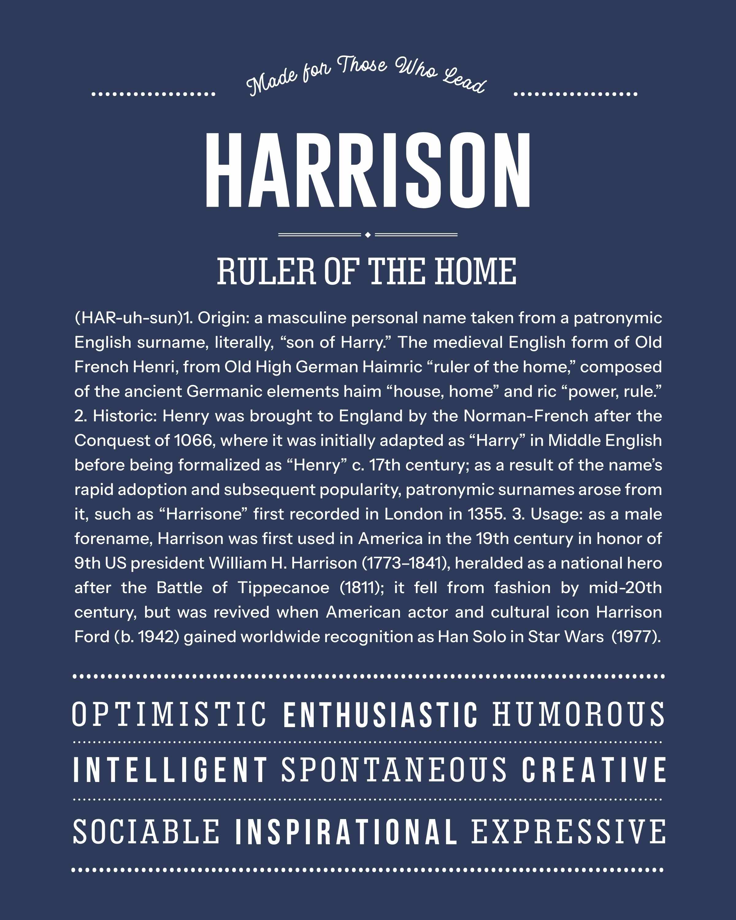 Harrison | Personalised Name Meaning Print – Custom Name Art Gift