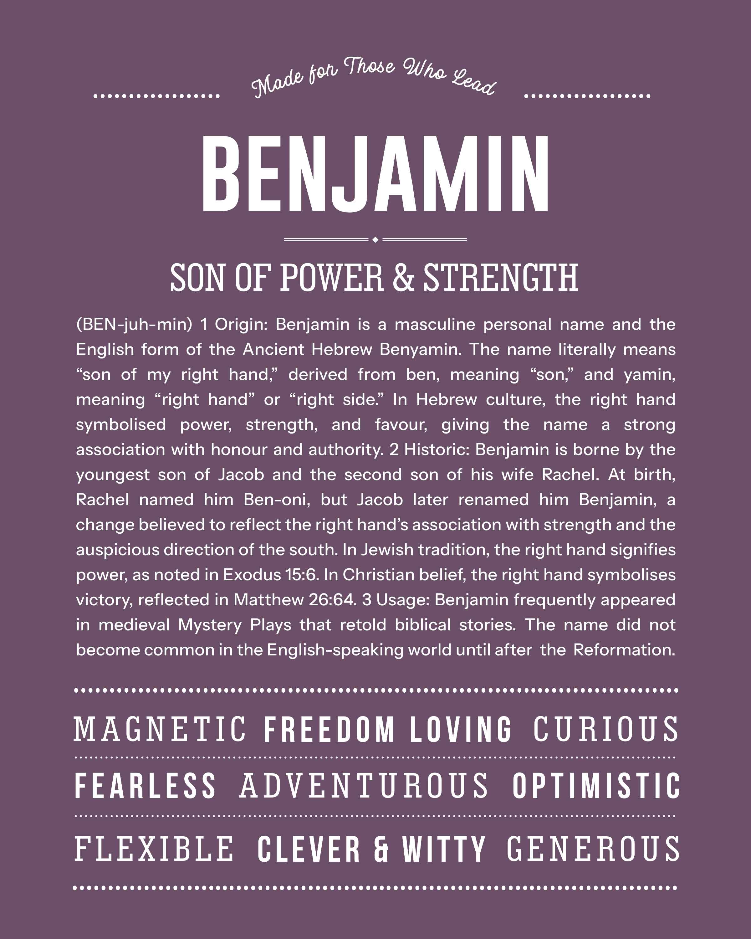 Benjamin | Personalised Name Meaning Print – Custom Name Art Gift