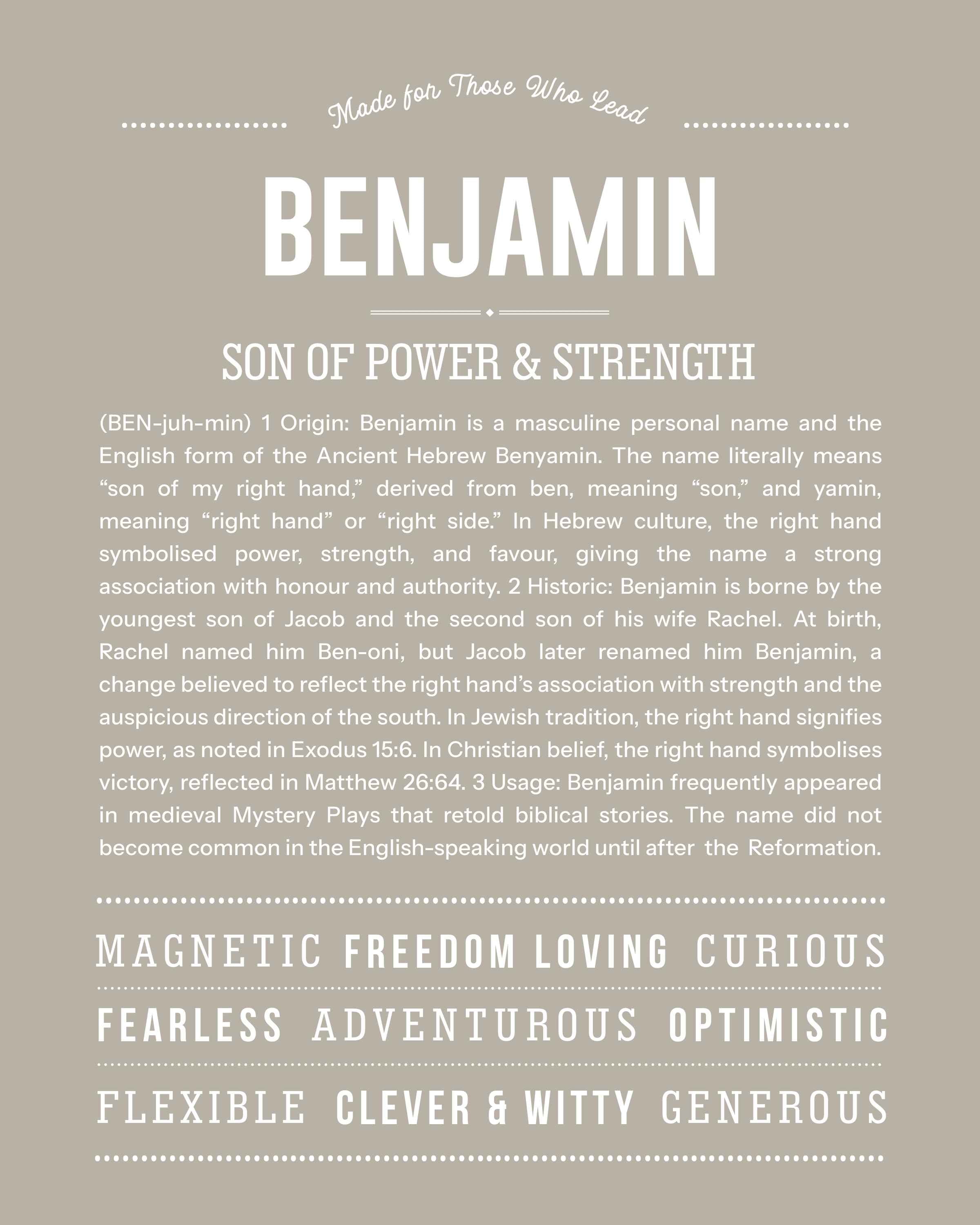 Benjamin | Personalised Name Meaning Print – Custom Name Art Gift