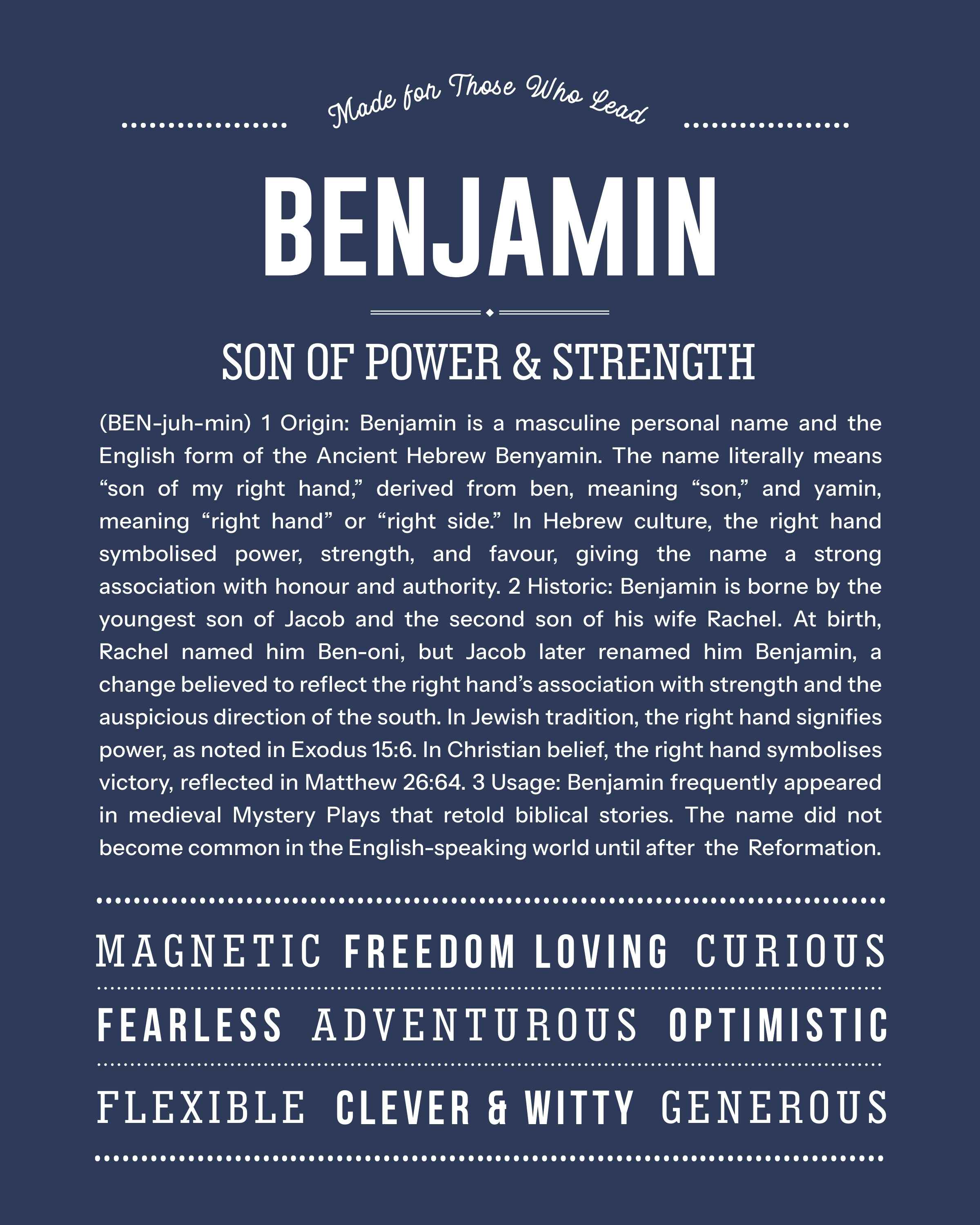 Benjamin | Personalised Name Meaning Print – Custom Name Art Gift