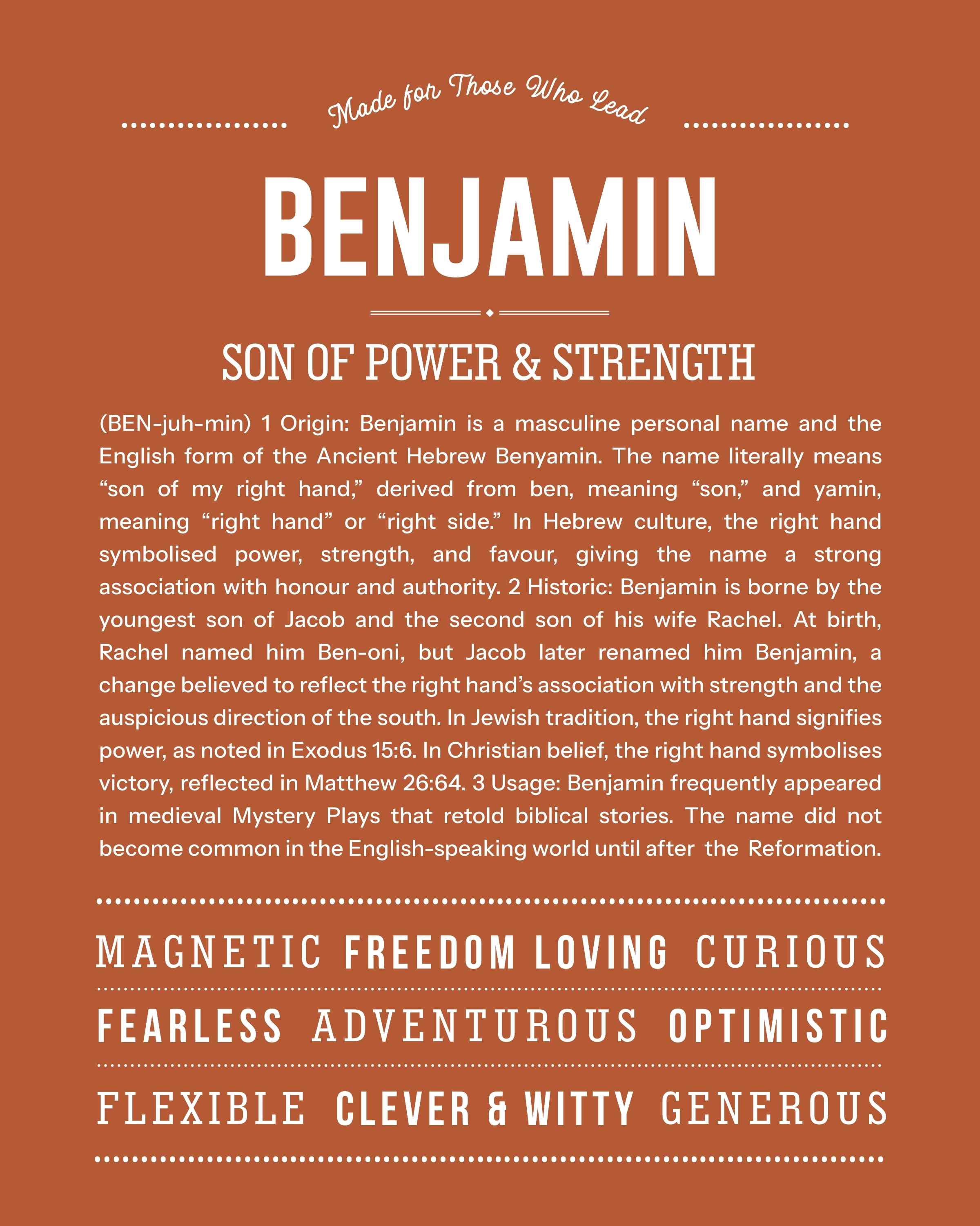 Benjamin | Personalised Name Meaning Print – Custom Name Art Gift