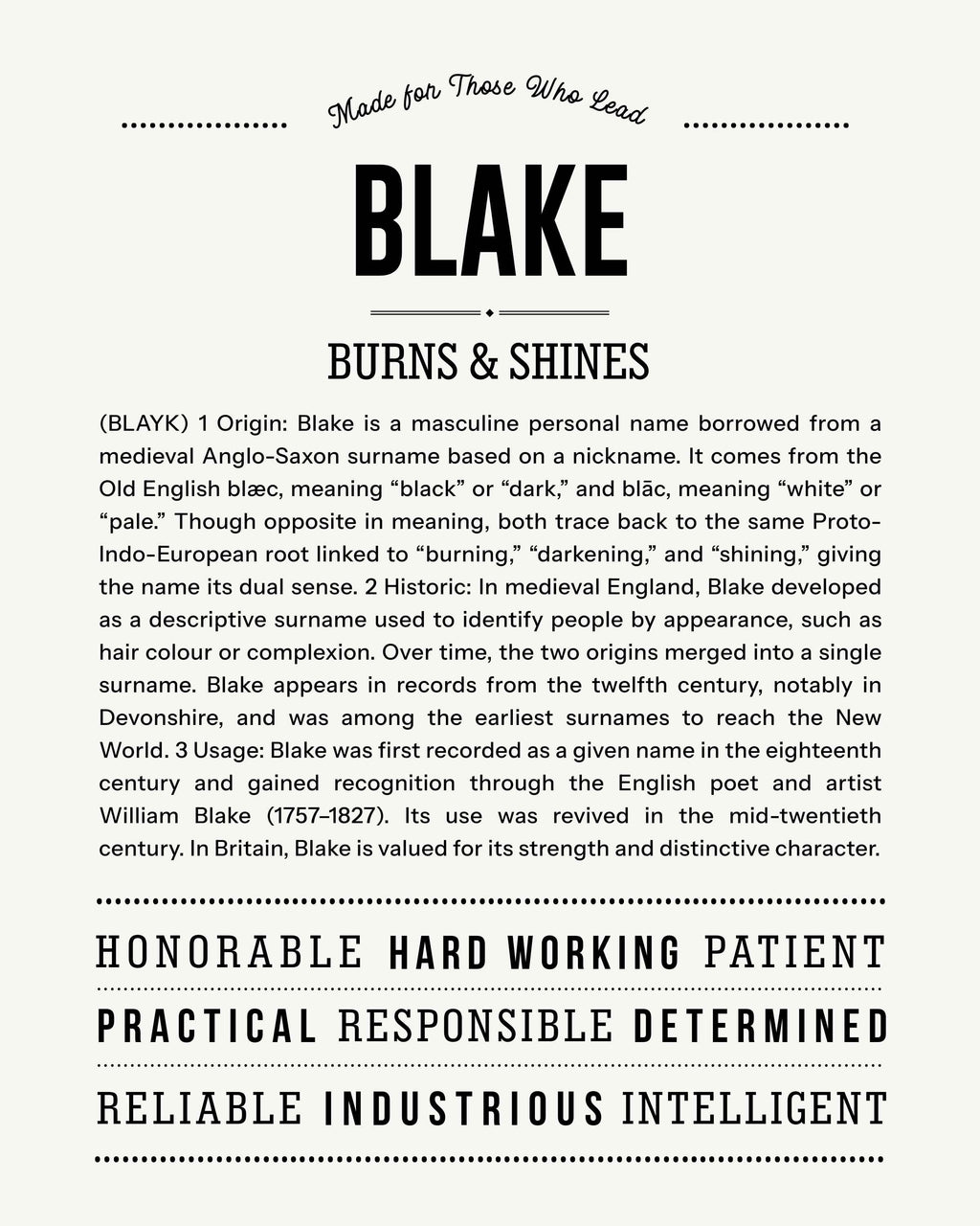 Blake (male) | Personalised Name Meaning Print – Custom Name Art Gift
