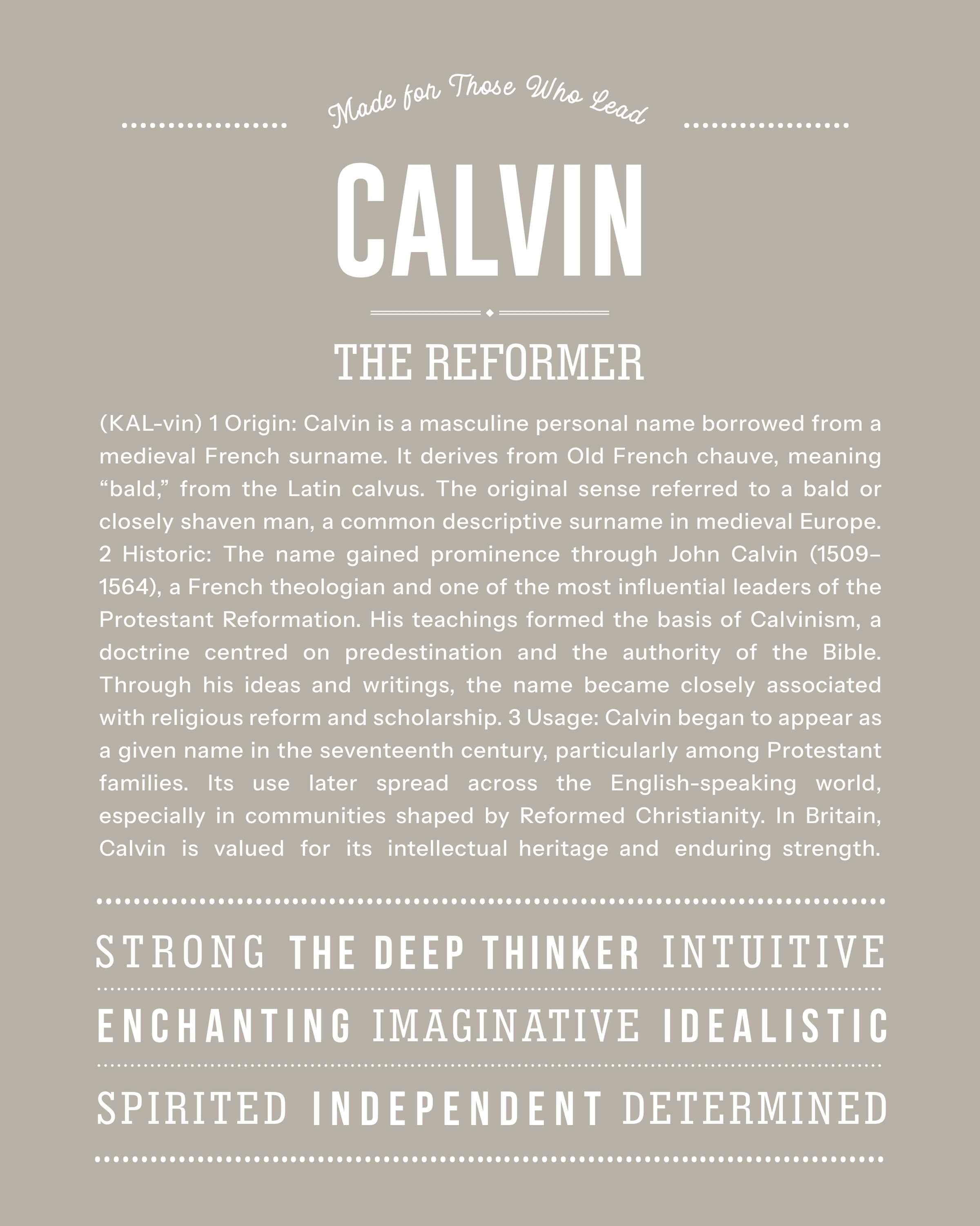 Calvin | Personalised Name Meaning Print – Custom Name Art Gift