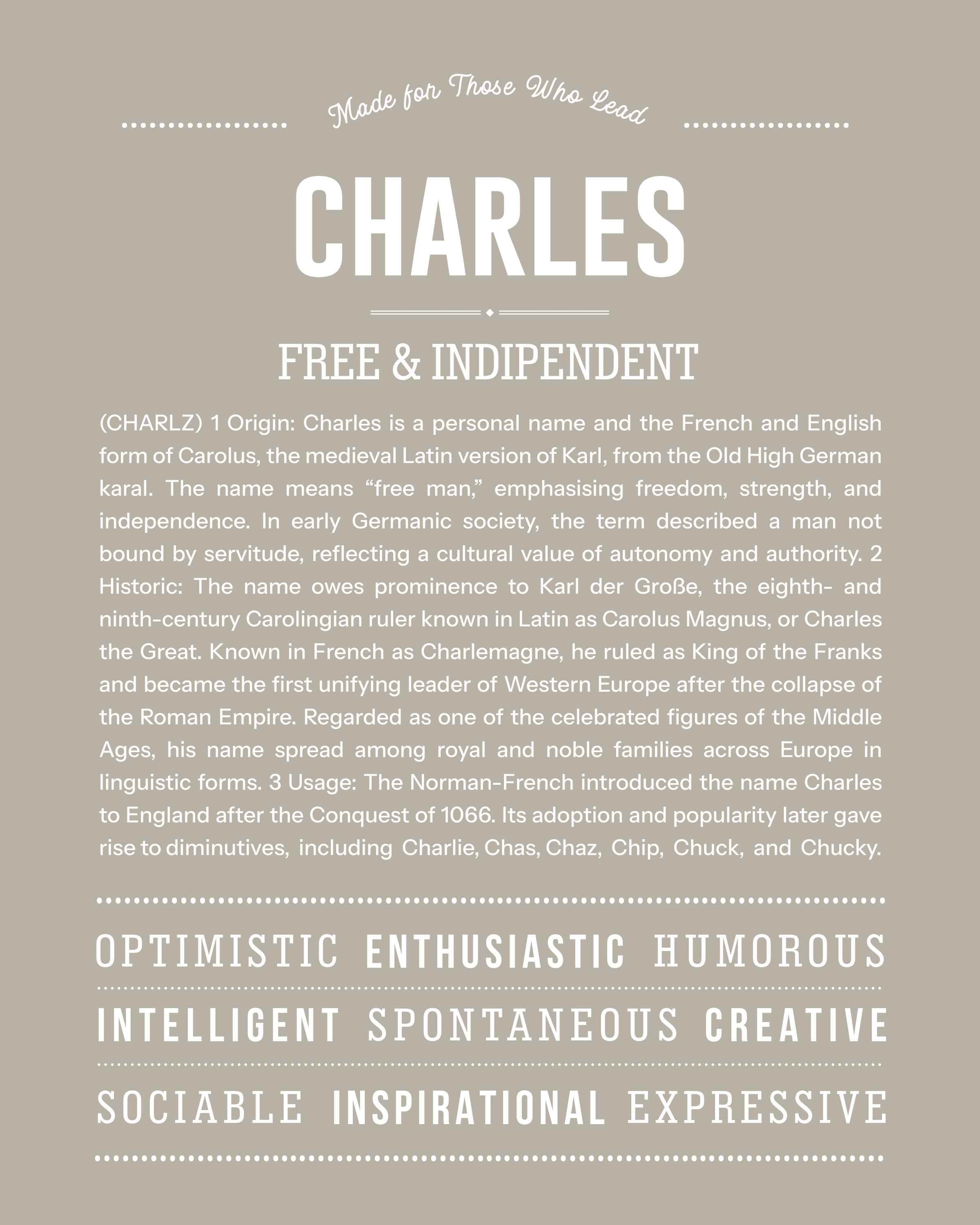 Charles | Personalised Name Meaning Print – Custom Name Art Gift