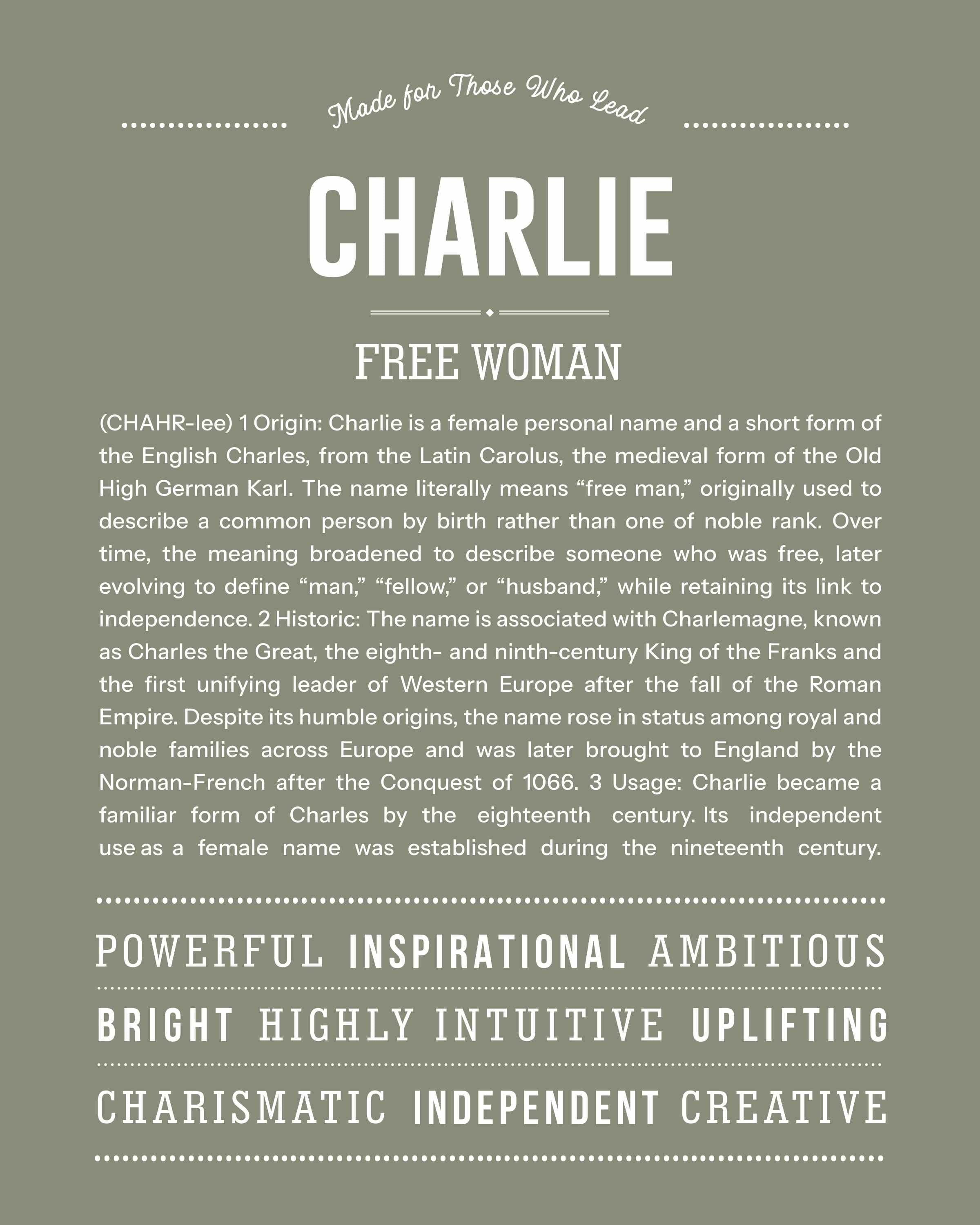 Charlie (Female) | Personalised Name Meaning Print – Custom Name Art Gift