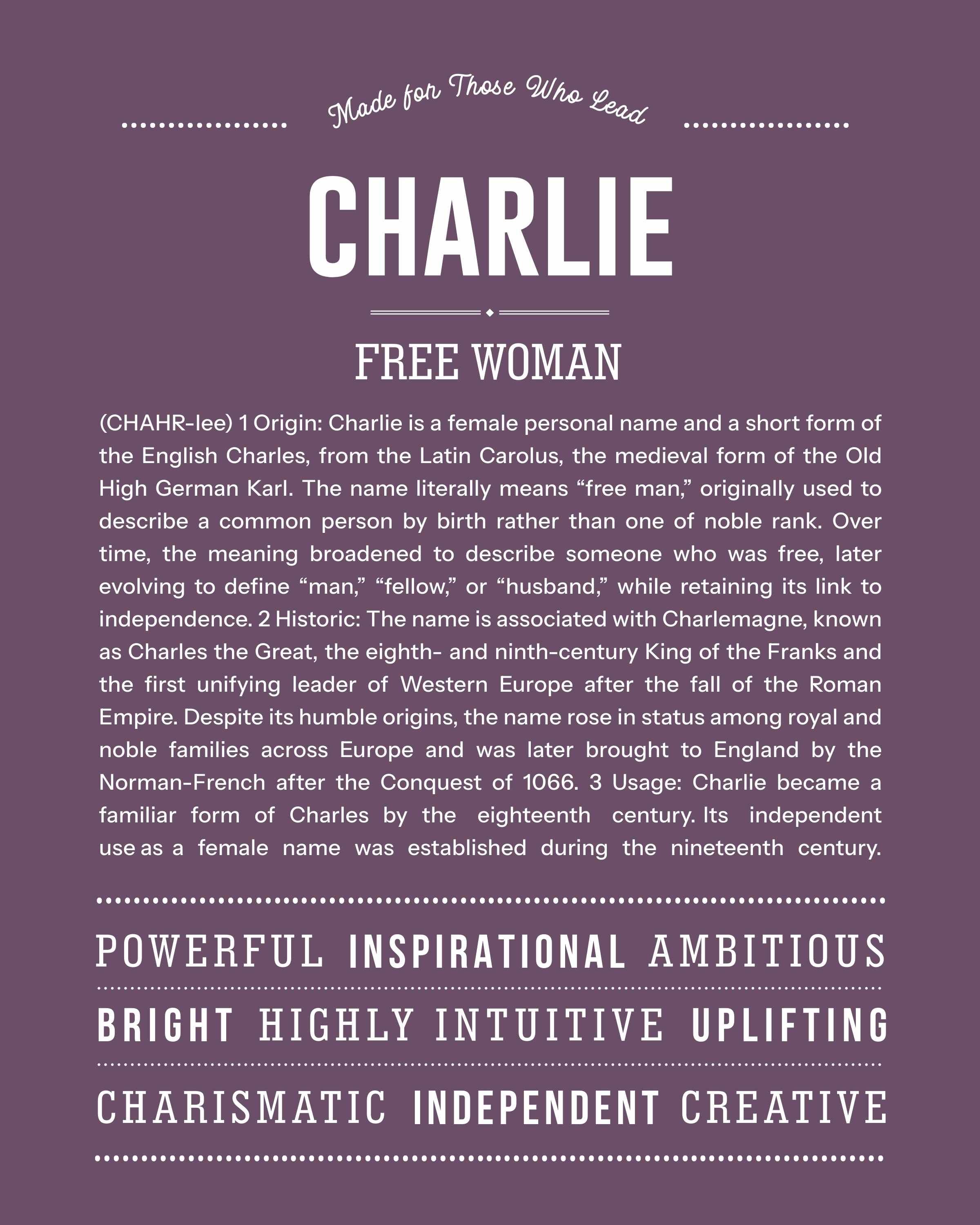 Charlie (Female) | Personalised Name Meaning Print – Custom Name Art Gift