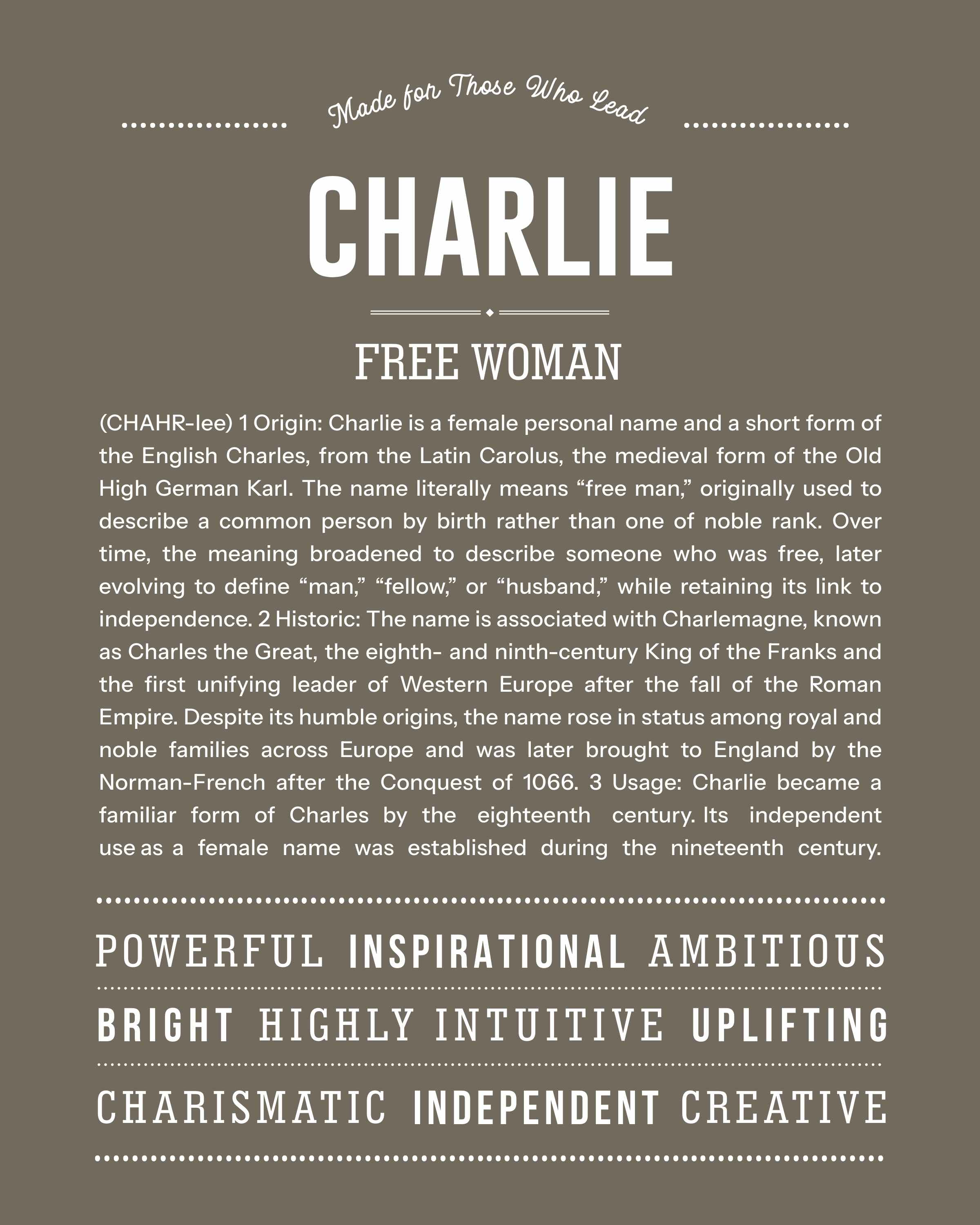 Charlie (Female) | Personalised Name Meaning Print – Custom Name Art Gift