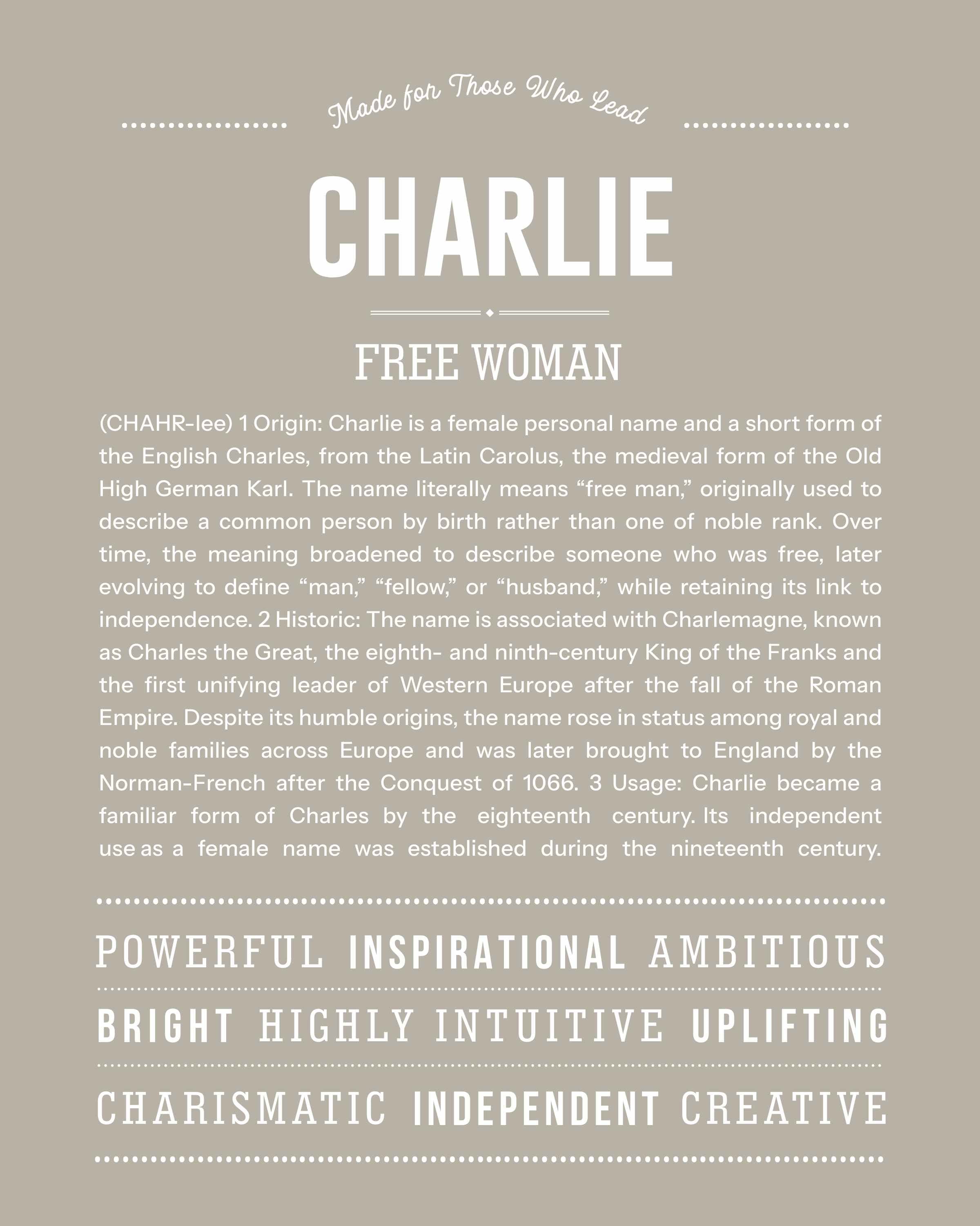 Charlie (Female) | Personalised Name Meaning Print – Custom Name Art Gift