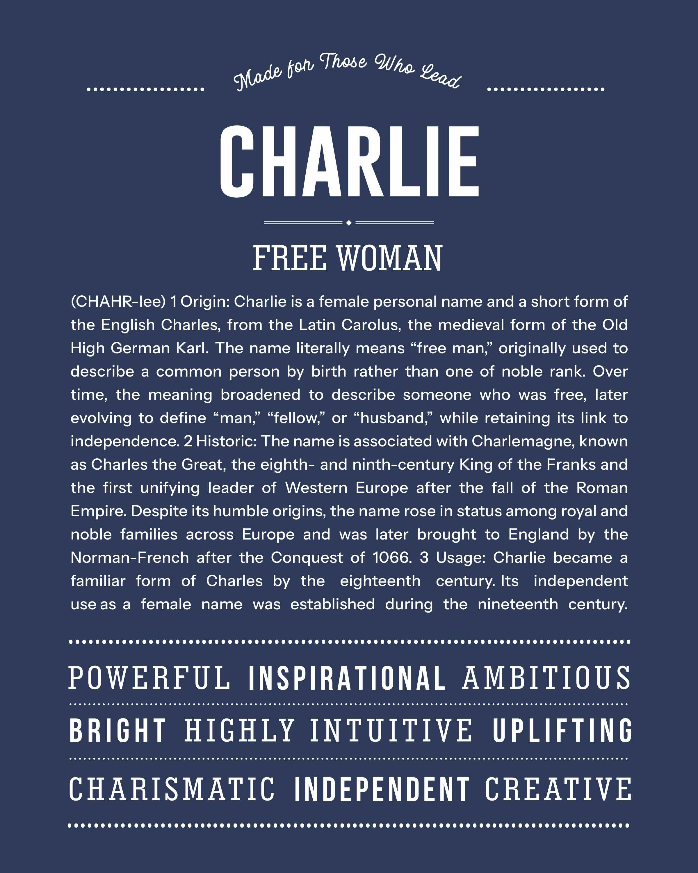 Charlie (Female) | Personalised Name Meaning Print – Custom Name Art Gift