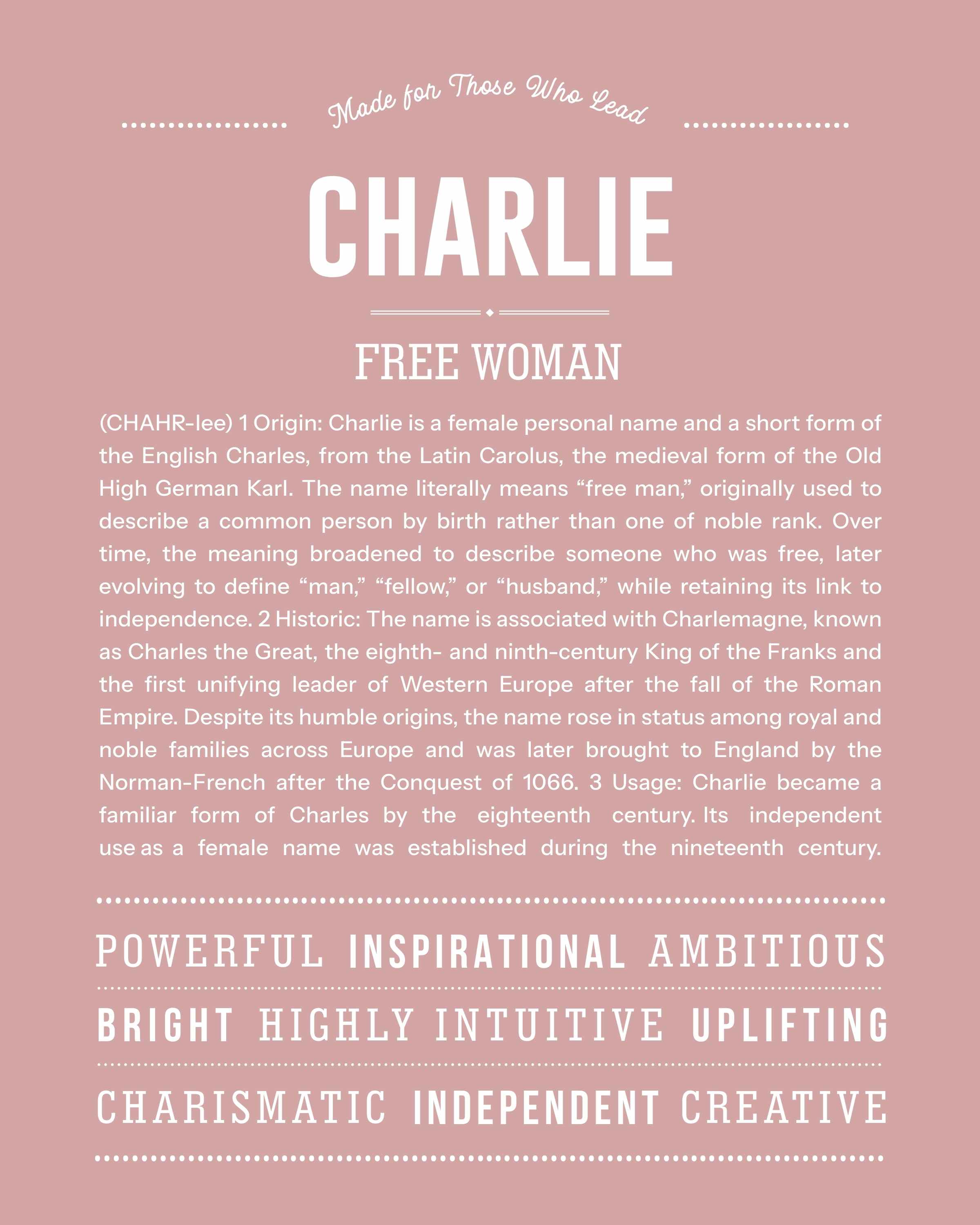 Charlie (Female) | Personalised Name Meaning Print – Custom Name Art Gift
