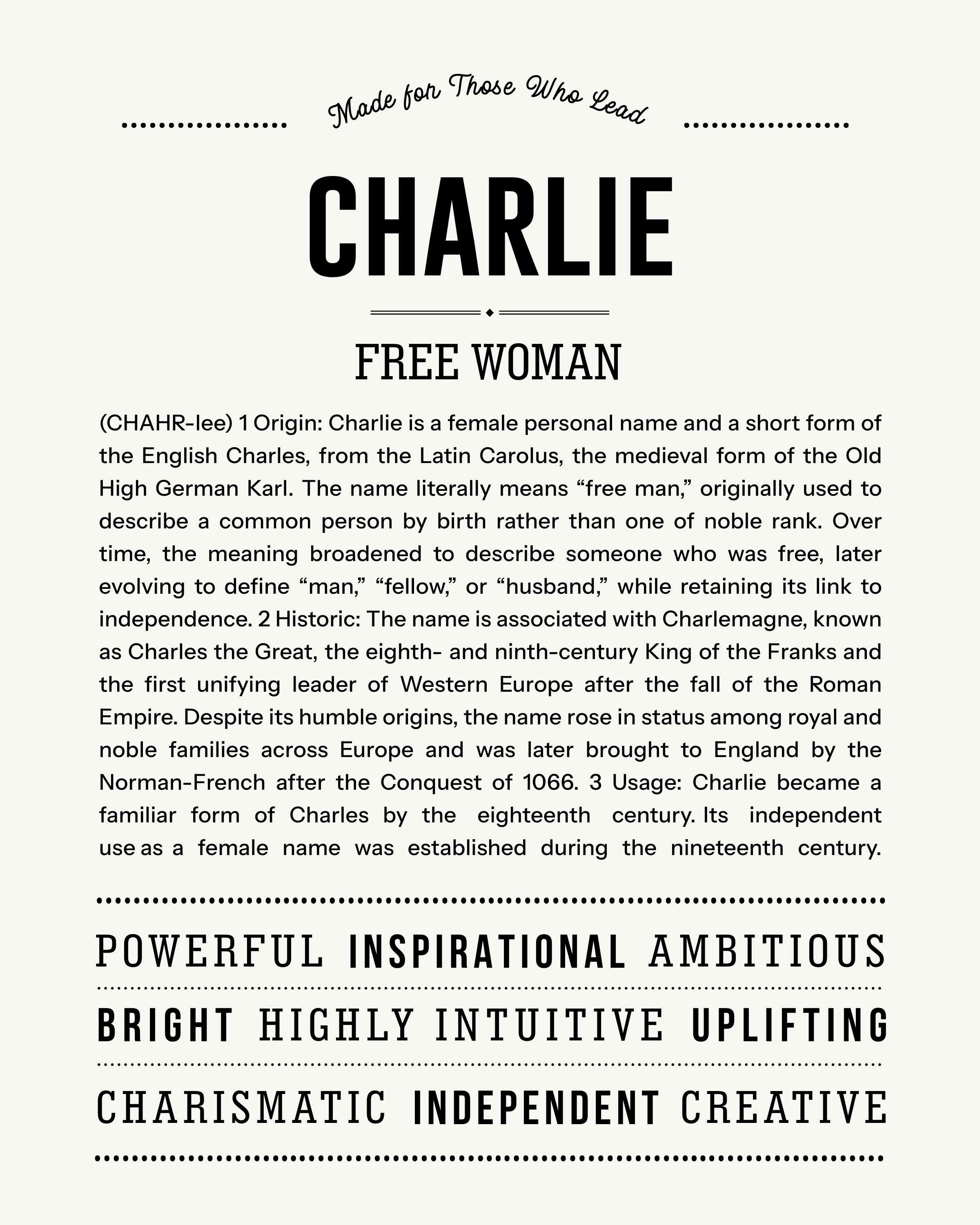 Charlie (Female) | Personalised Name Meaning Print – Custom Name Art Gift