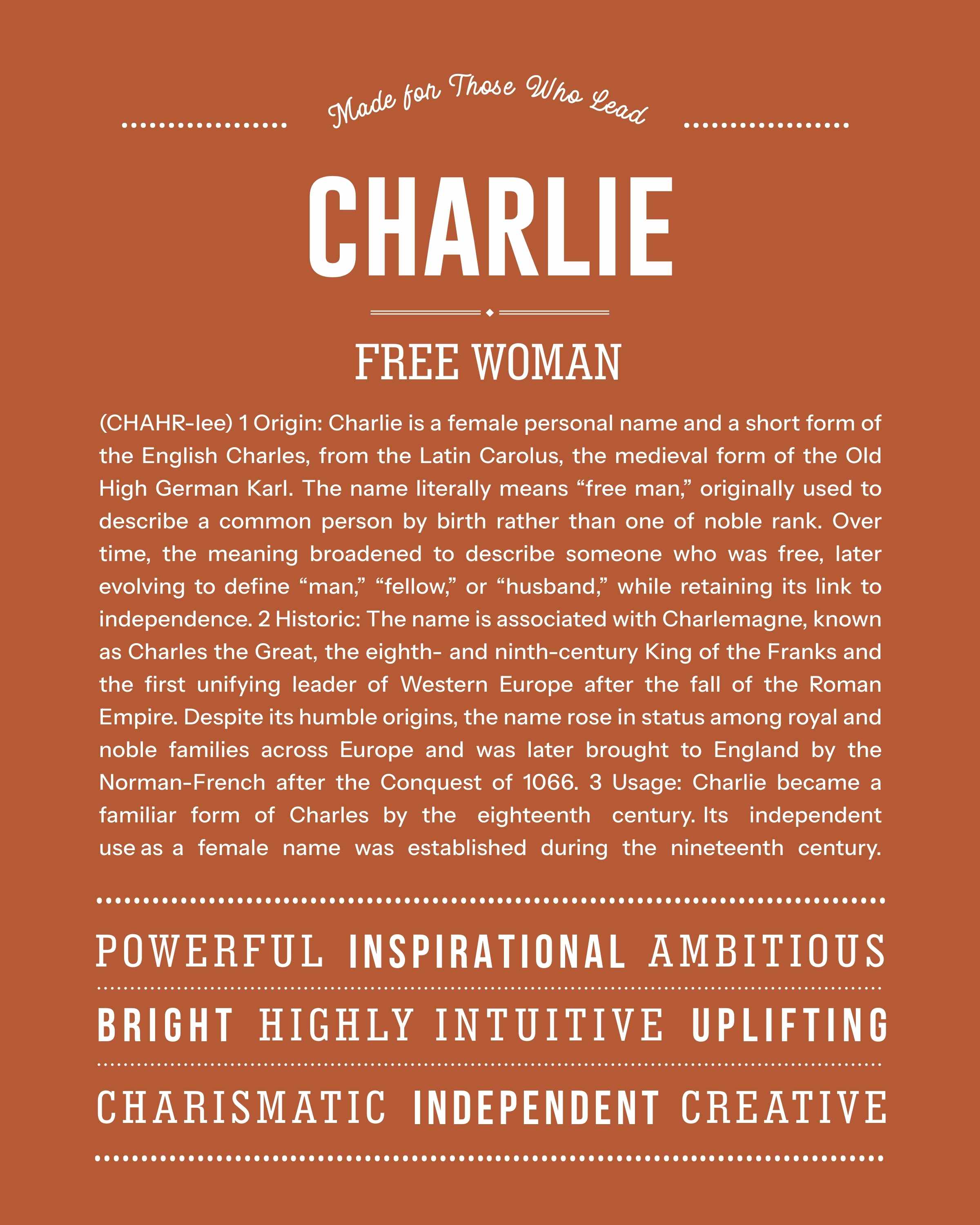 Charlie (Female) | Personalised Name Meaning Print – Custom Name Art Gift