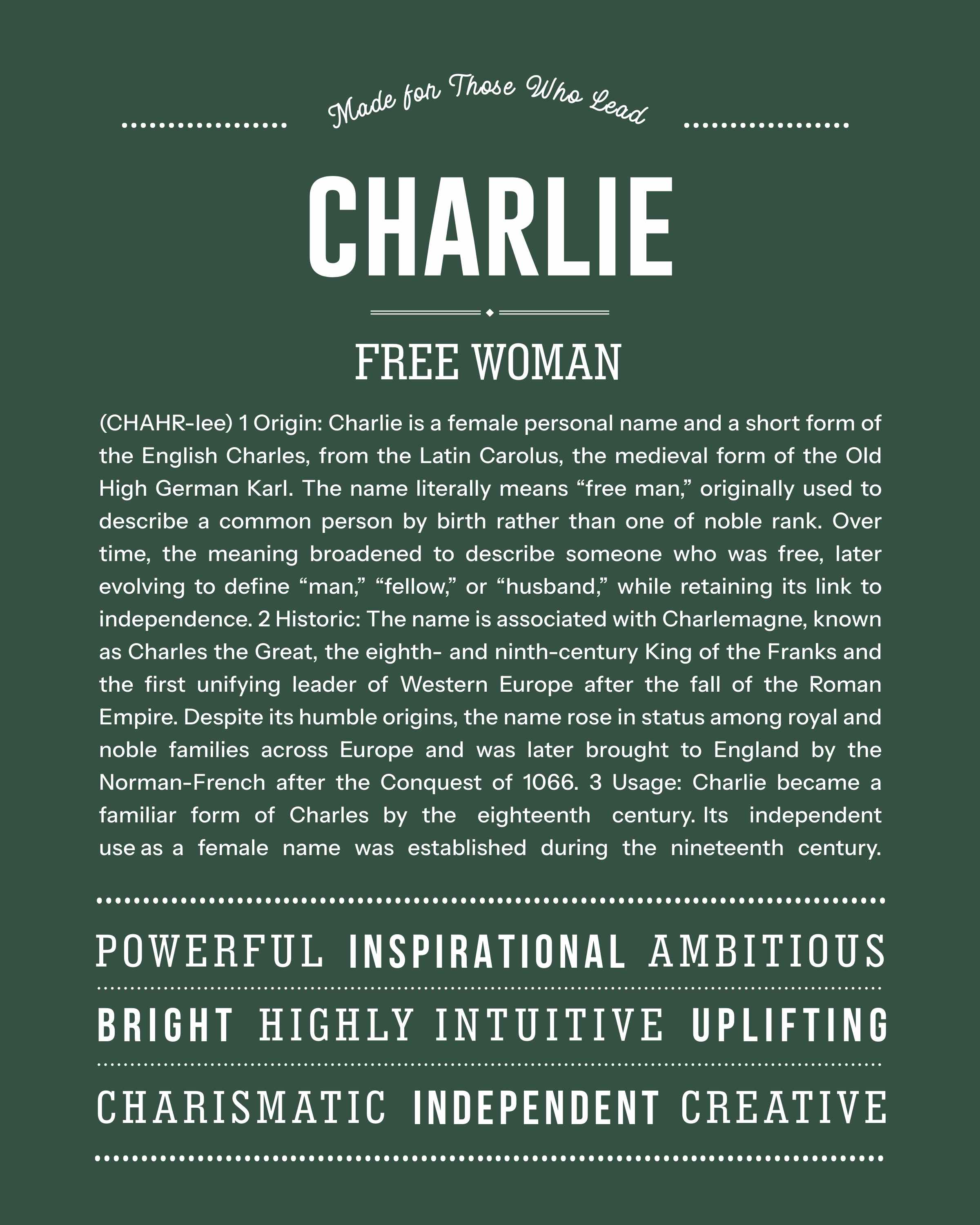 Charlie (Female) | Personalised Name Meaning Print – Custom Name Art Gift
