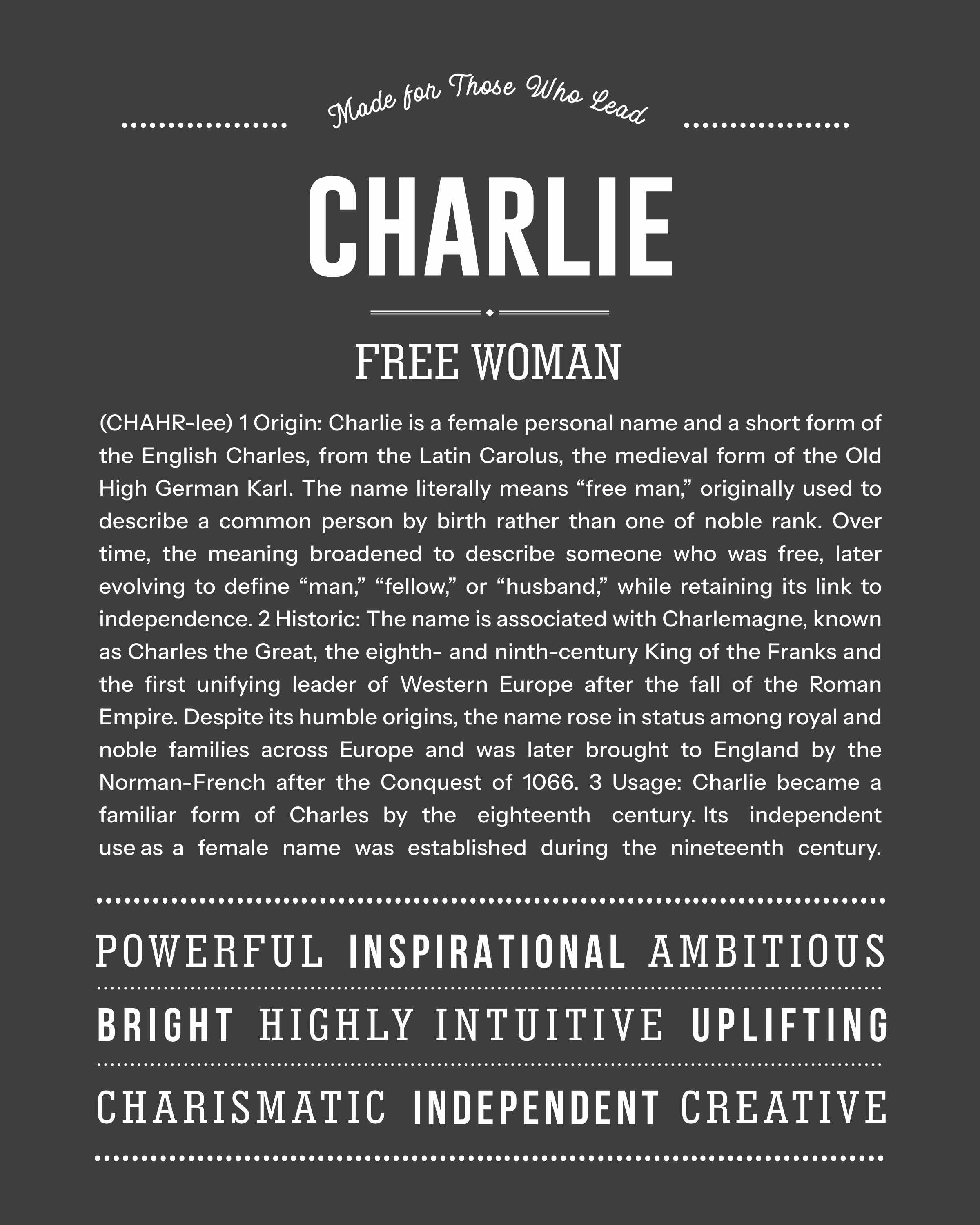 Charlie (Female) | Personalised Name Meaning Print – Custom Name Art Gift