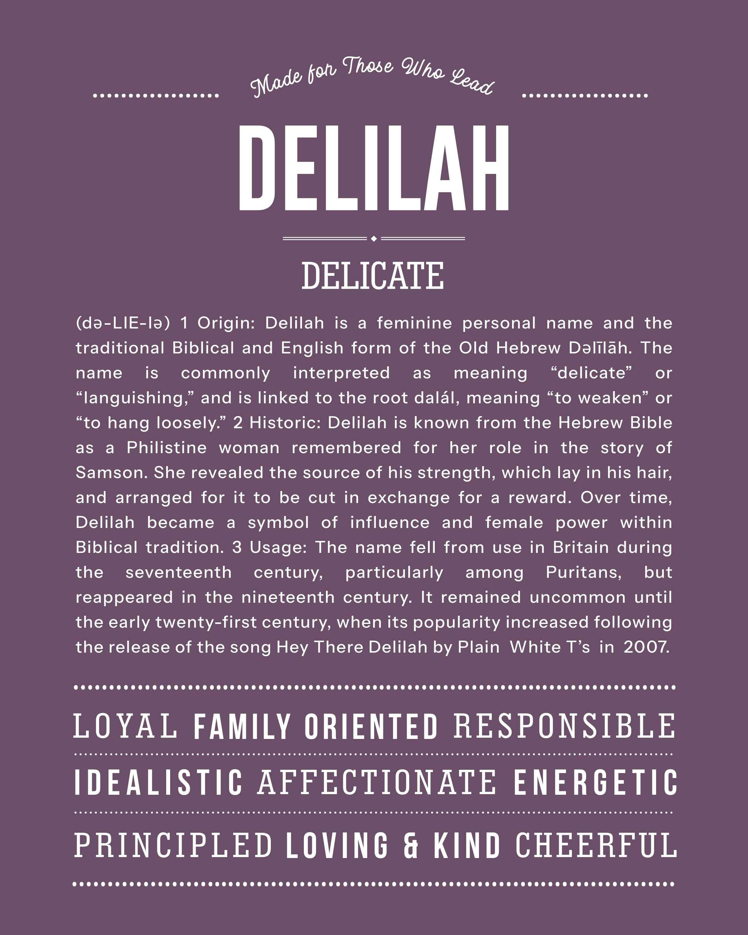 Delilah | Personalised Name Meaning Print – Custom Name Art Gift