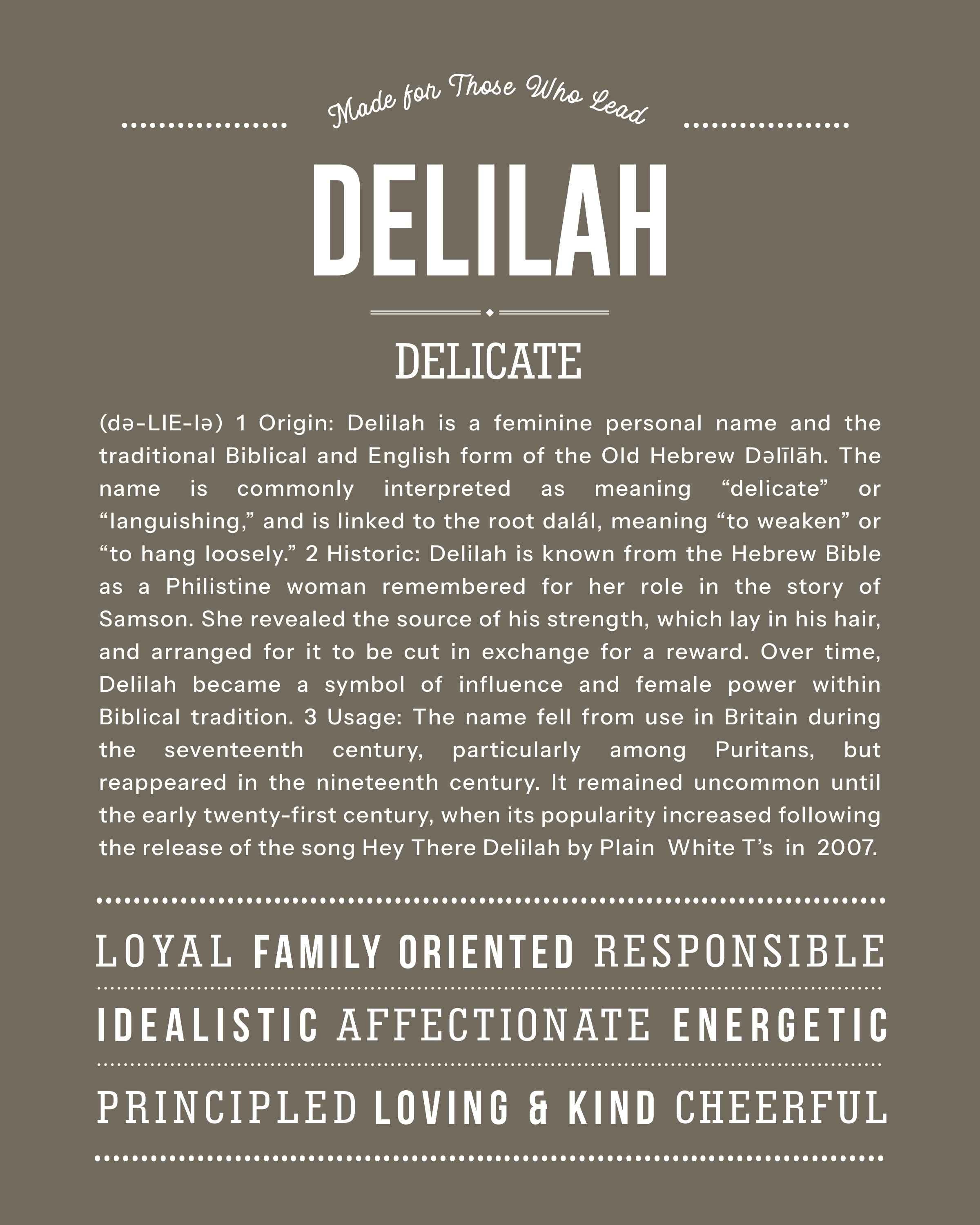 Delilah | Personalised Name Meaning Print – Custom Name Art Gift