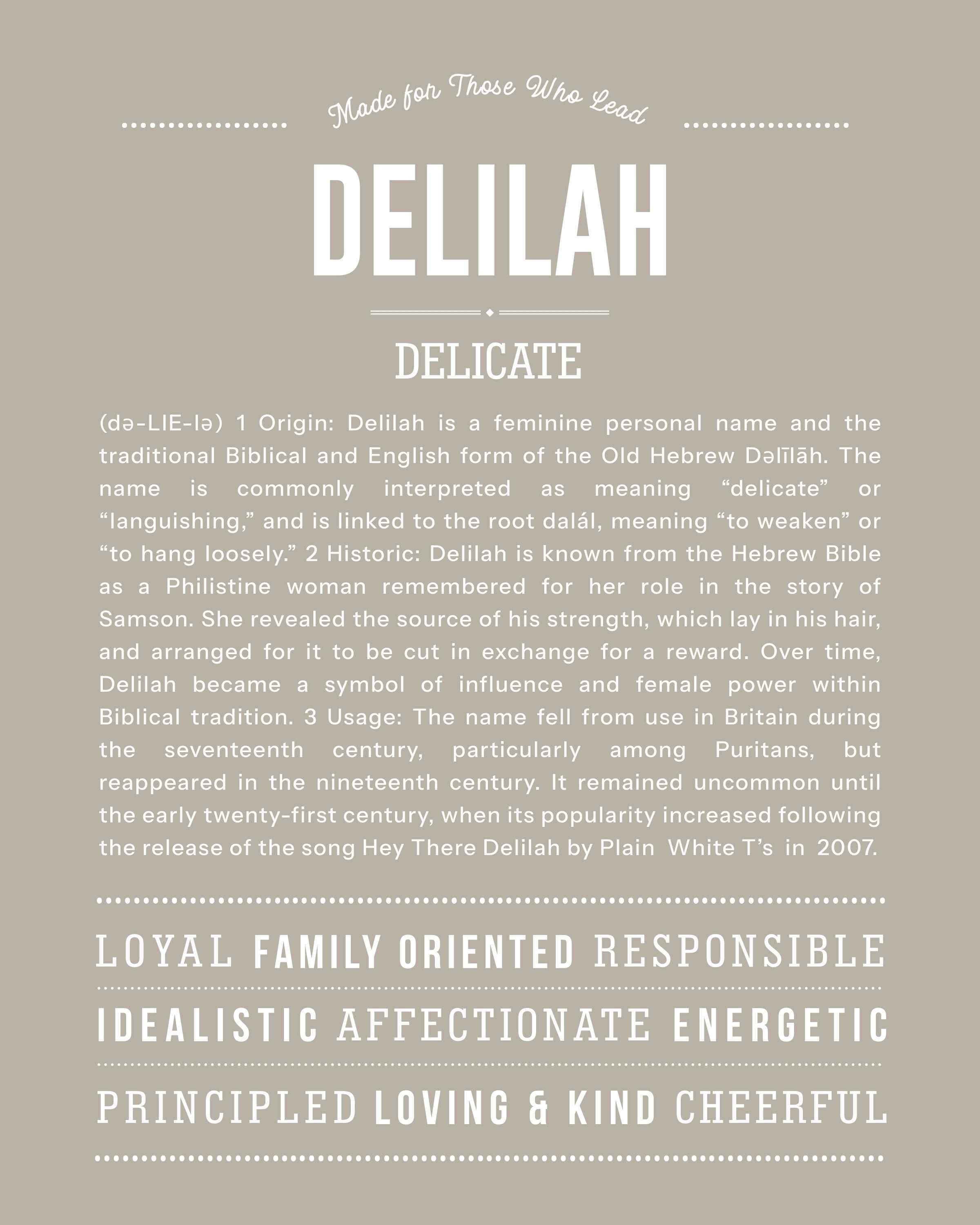 Delilah | Personalised Name Meaning Print – Custom Name Art Gift