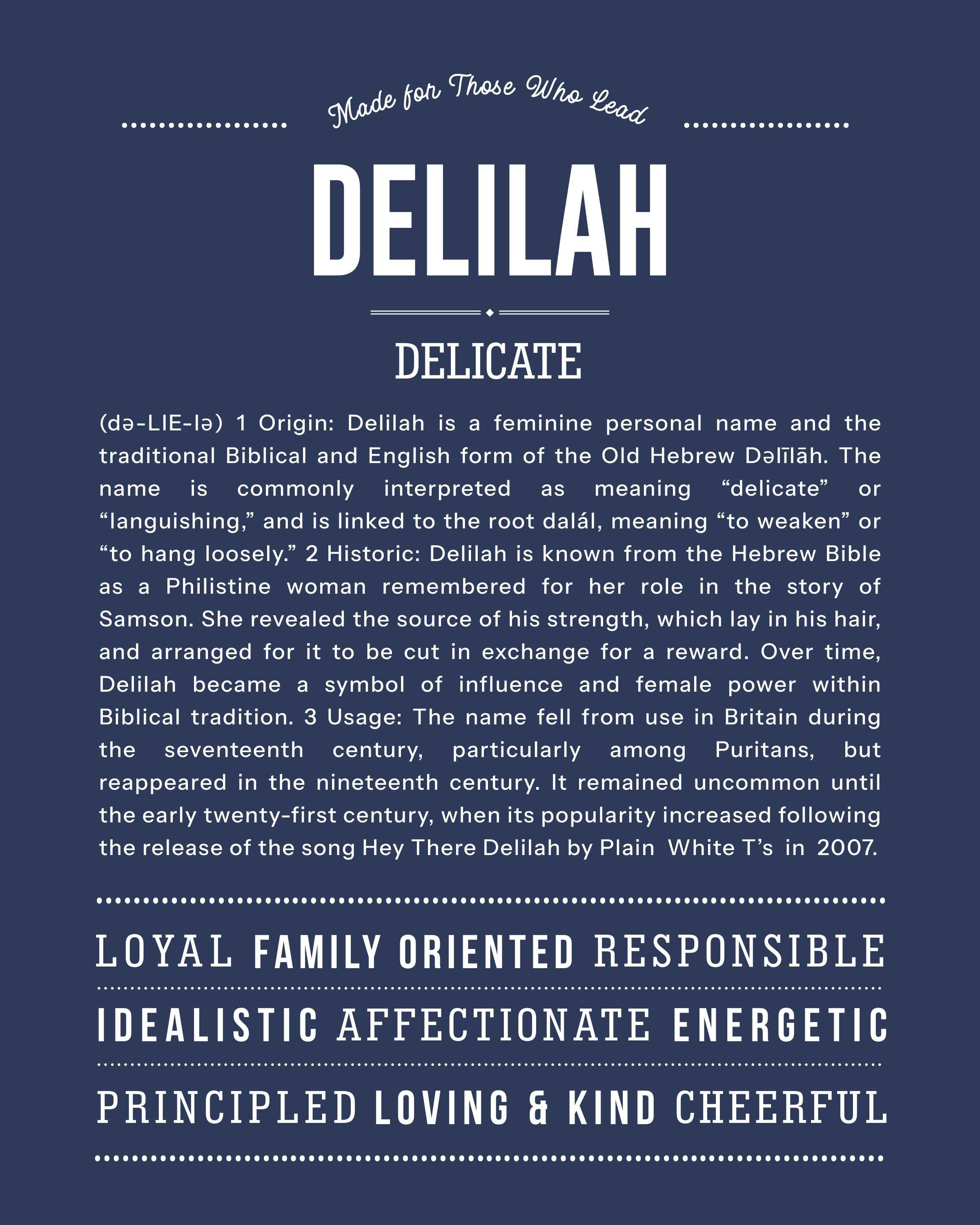 Delilah | Personalised Name Meaning Print – Custom Name Art Gift
