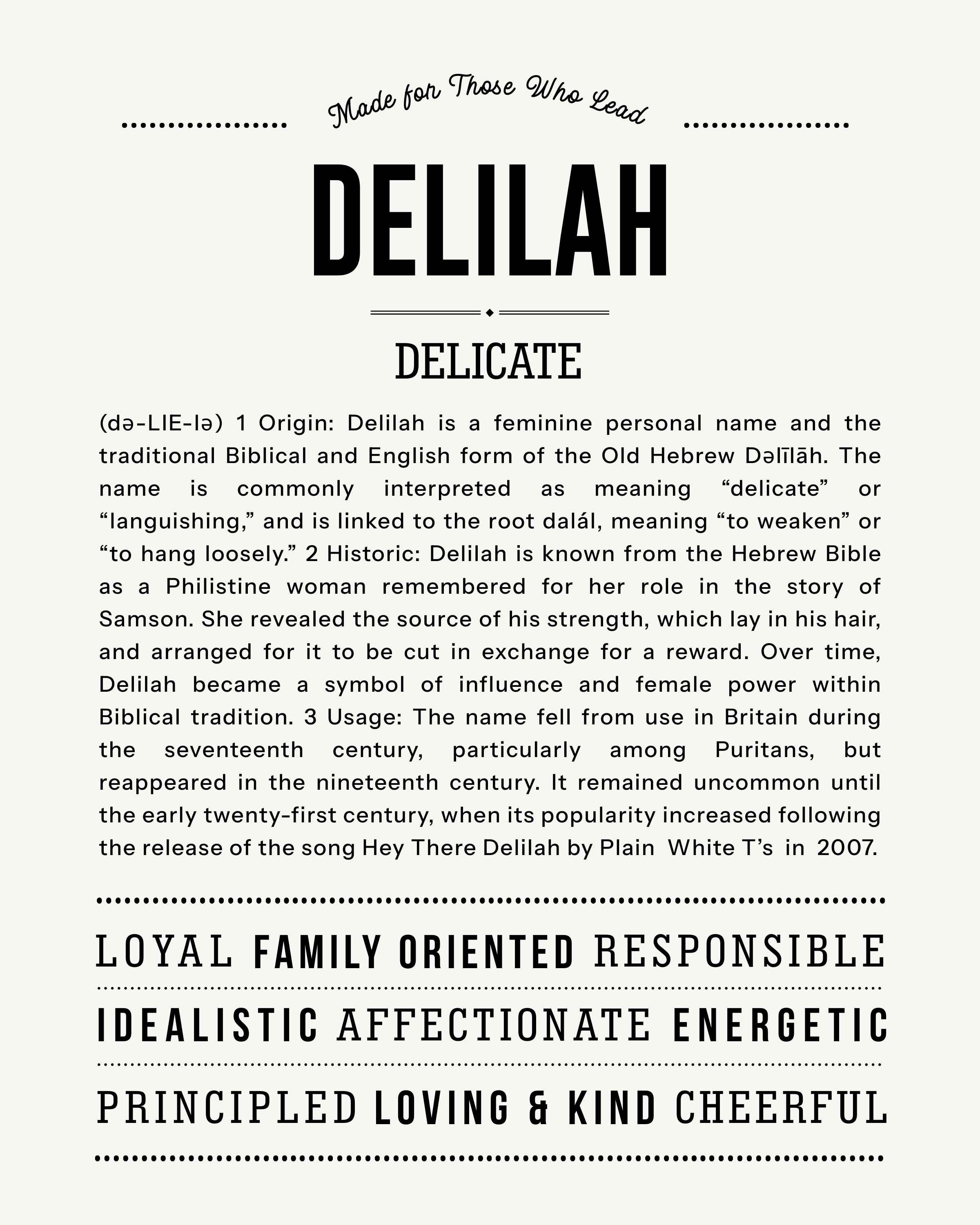 Delilah | Personalised Name Meaning Print – Custom Name Art Gift