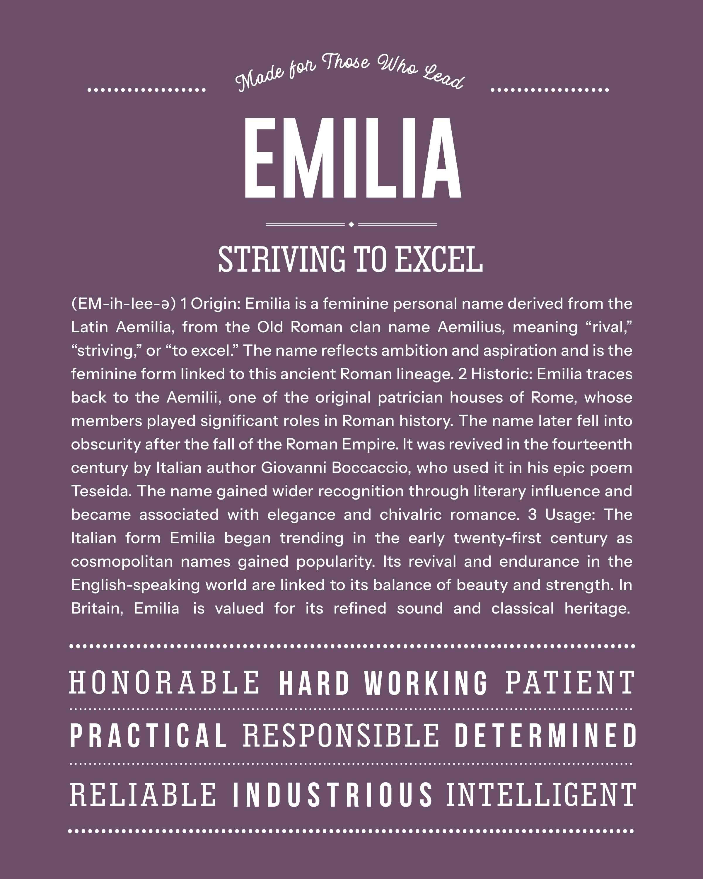 Emilia | Personalised Name Meaning Print – Custom Name Art Gift