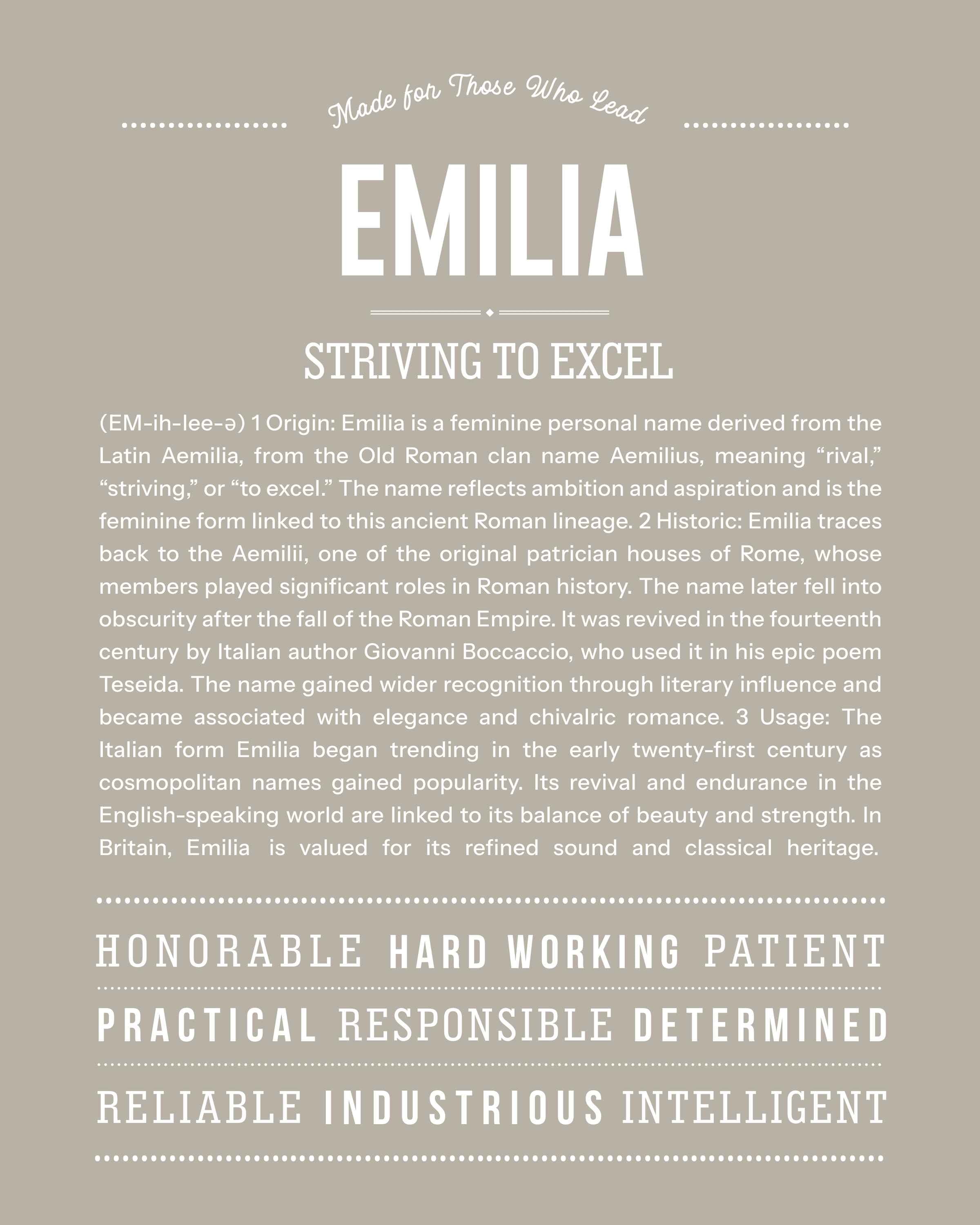 Emilia | Personalised Name Meaning Print – Custom Name Art Gift