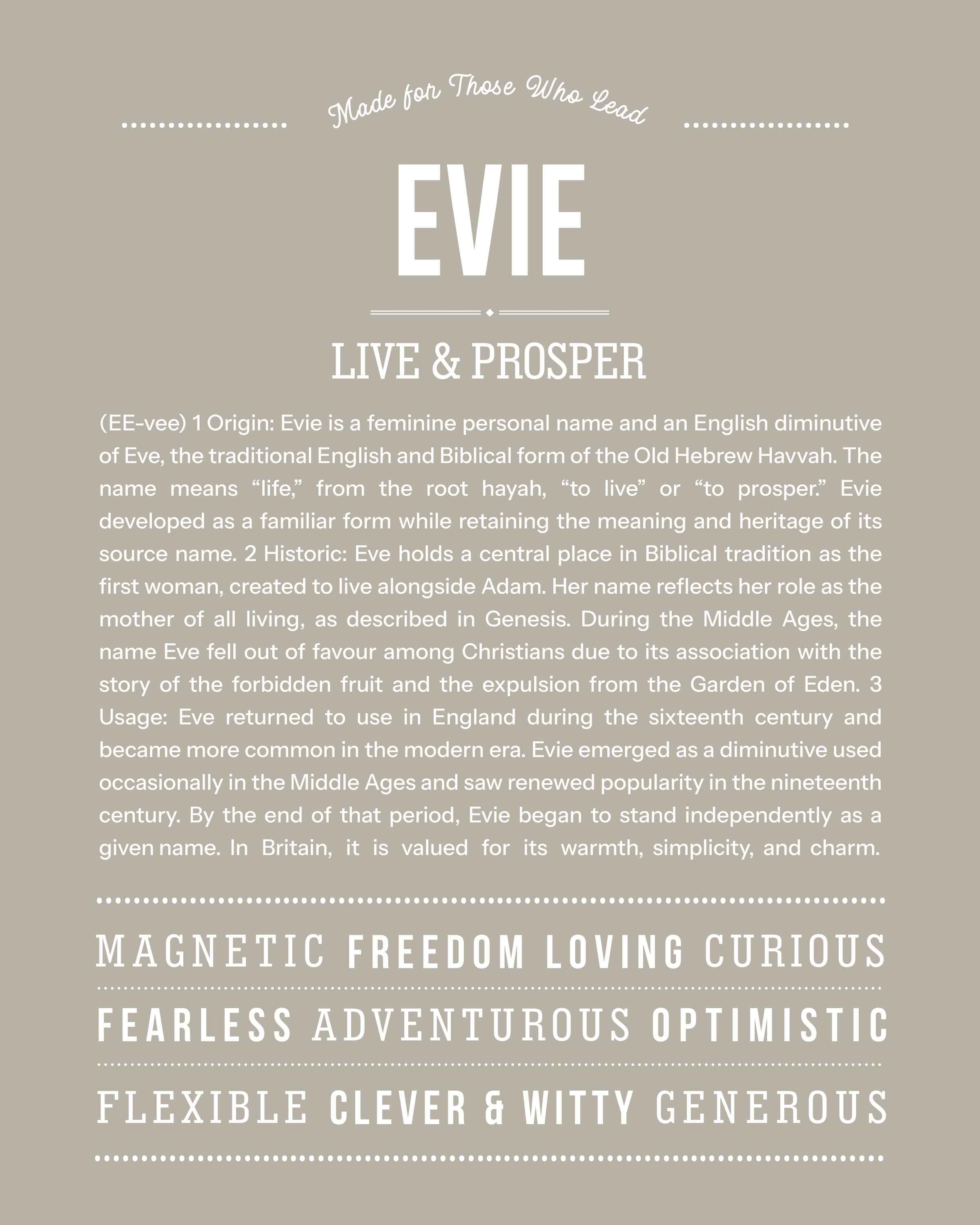 Evie | Personalised Name Meaning Print – Custom Name Art Gift