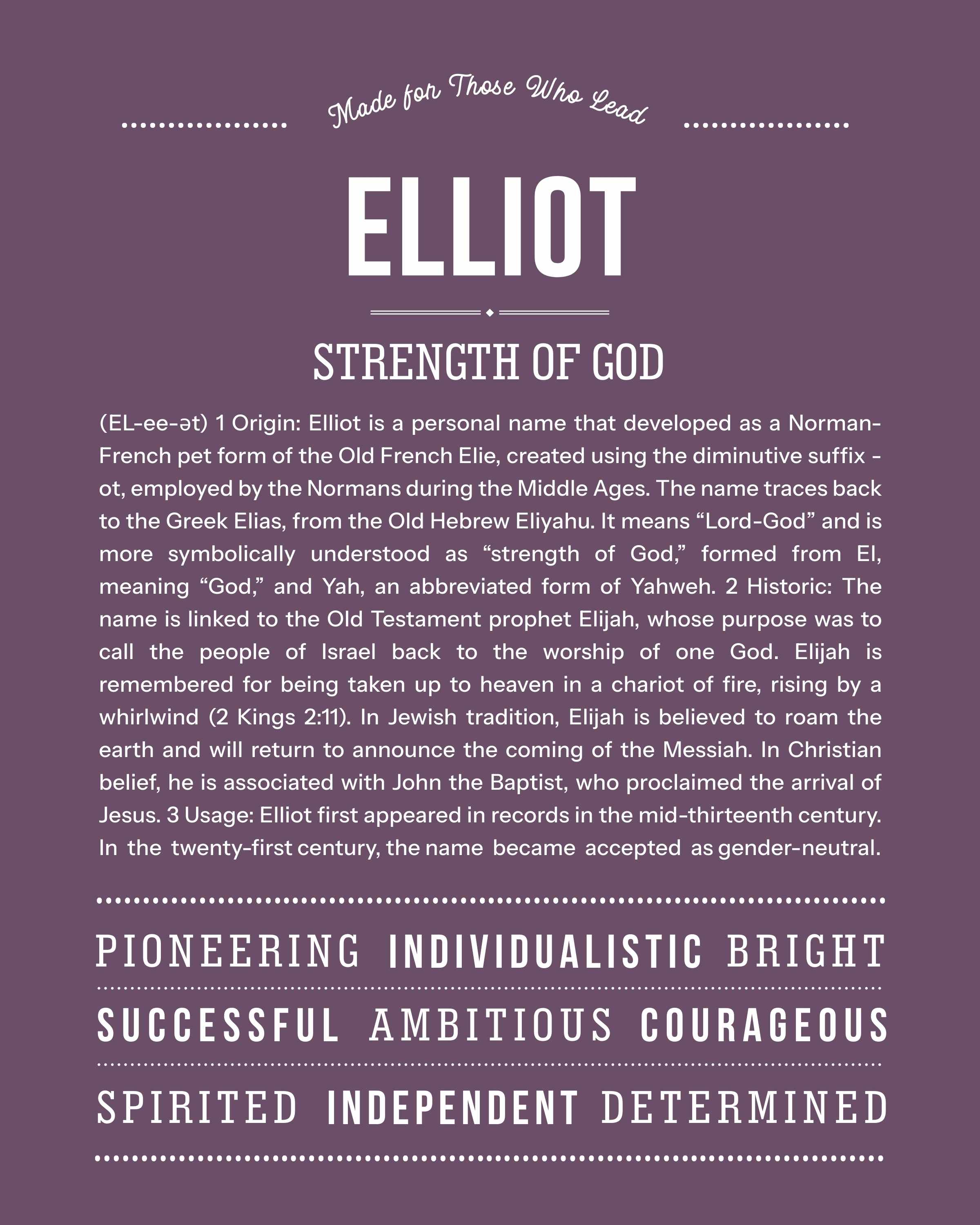 Elliot | Personalised Name Meaning Print – Custom Name Art Gift