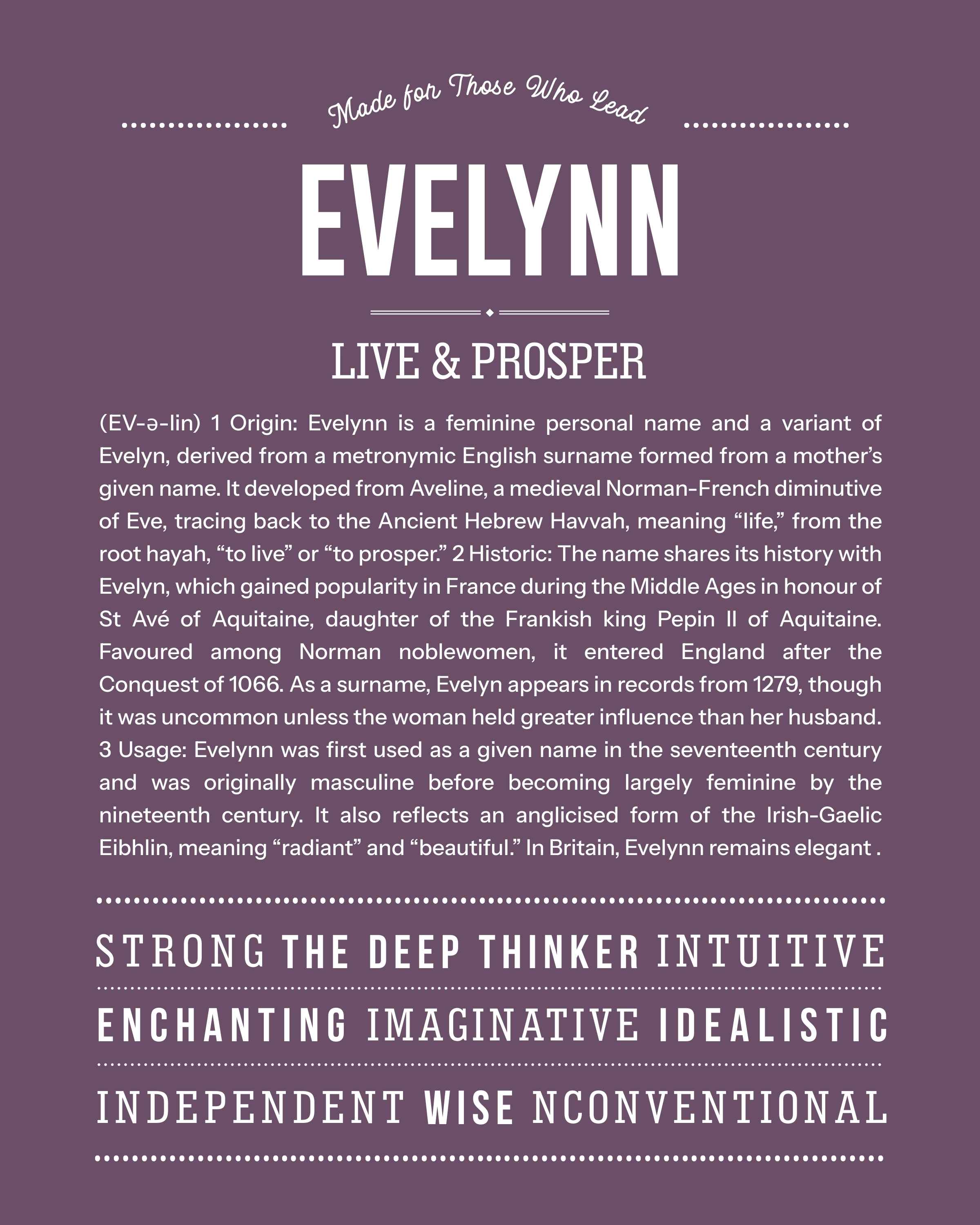 Evelynn | Personalised Name Meaning Print – Custom Name Art Gift