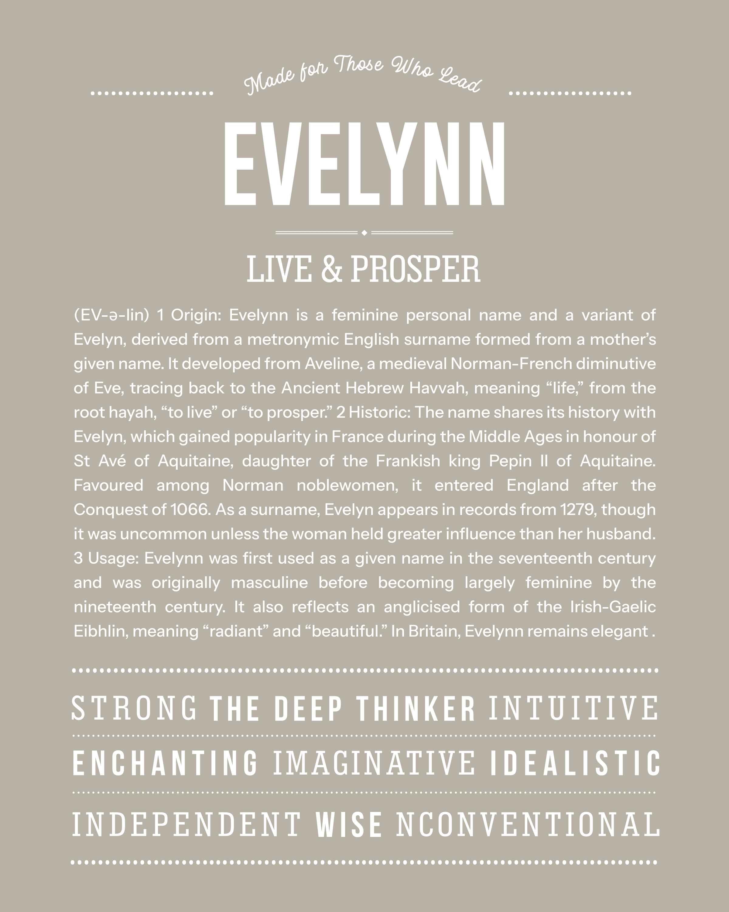 Evelynn | Personalised Name Meaning Print – Custom Name Art Gift