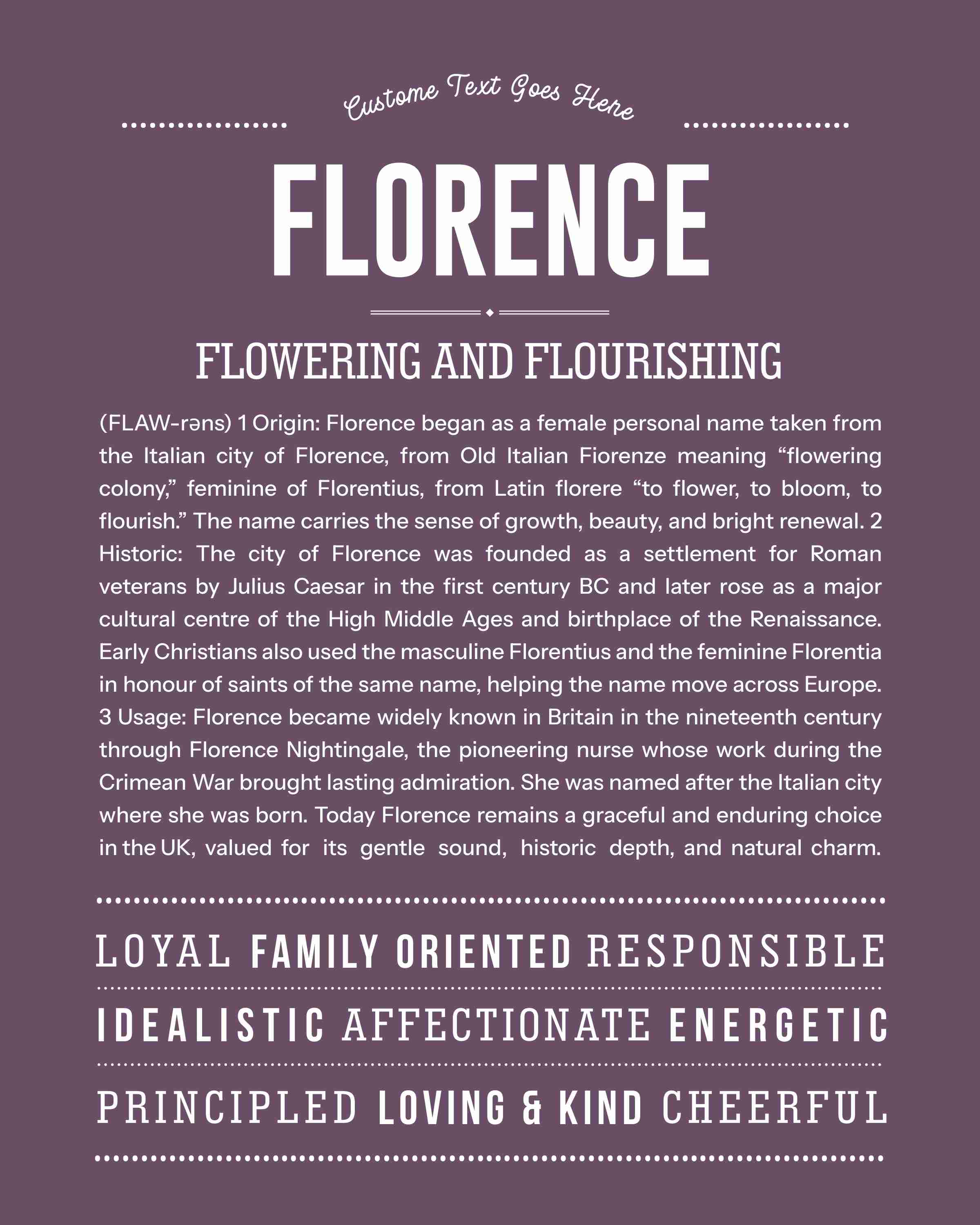 Florence | Personalised Name Meaning Print – Custom Name Art Gift
