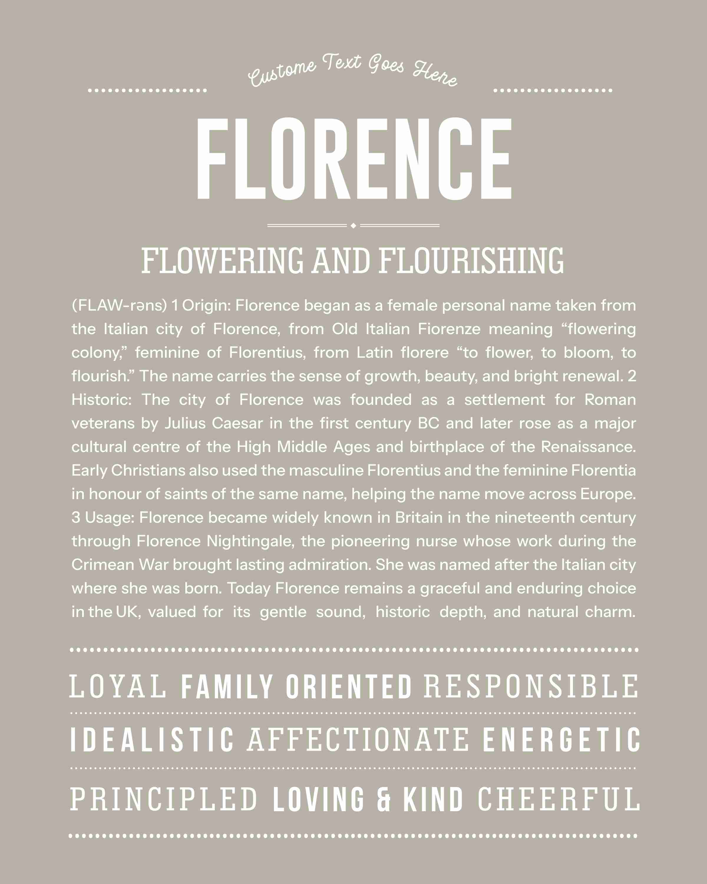 Florence | Personalised Name Meaning Print – Custom Name Art Gift