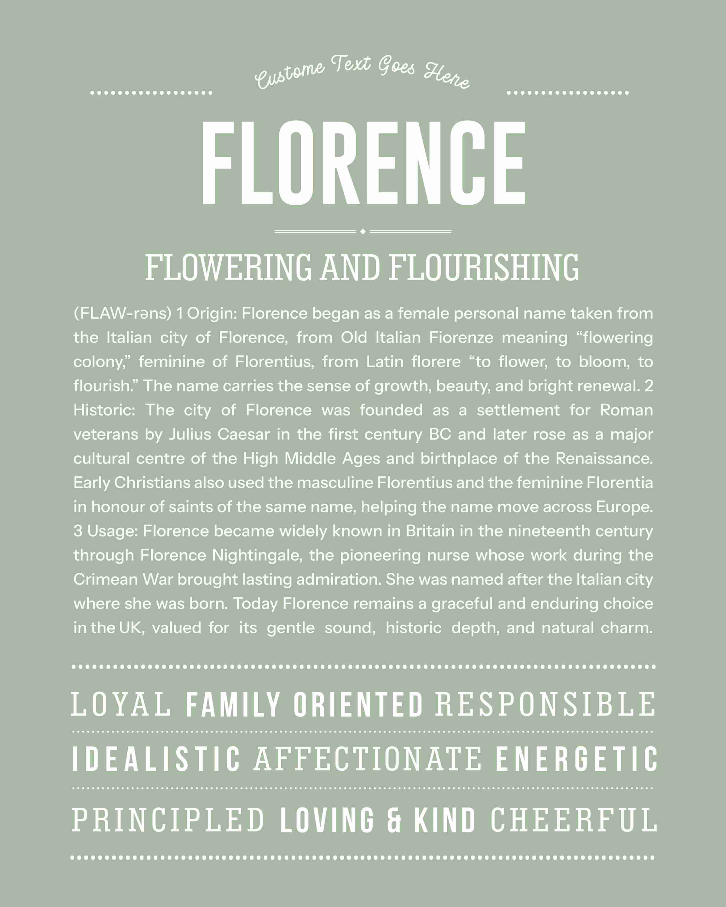 Florence | Personalised Name Meaning Print – Custom Name Art Gift